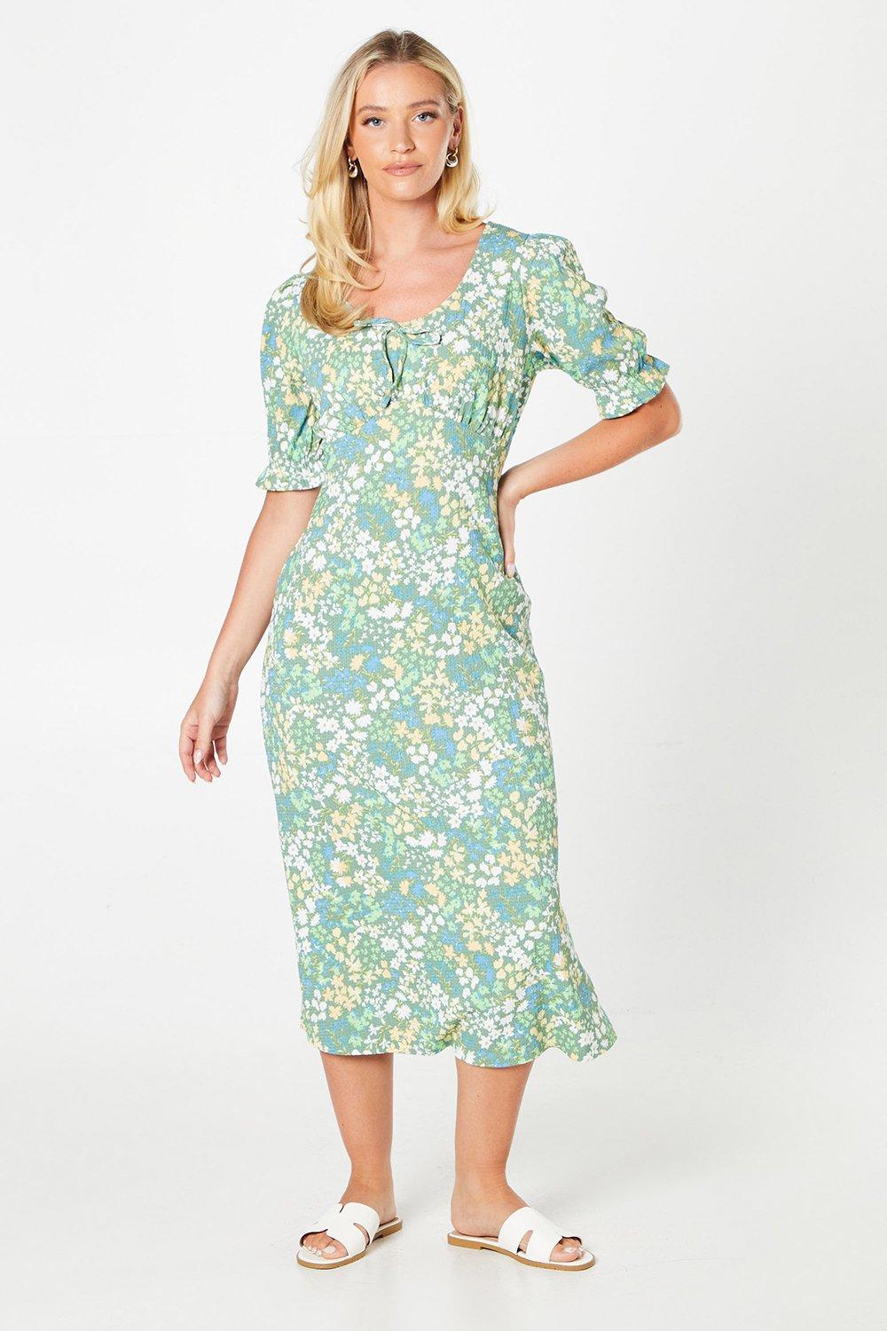 Dresses | Green Floral Tie Front Midi Dress | Dorothy Perkins