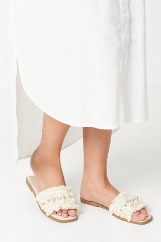 Product Faith: Marlie Pearl And Diamante Fringed Flat Mule Sandals beige