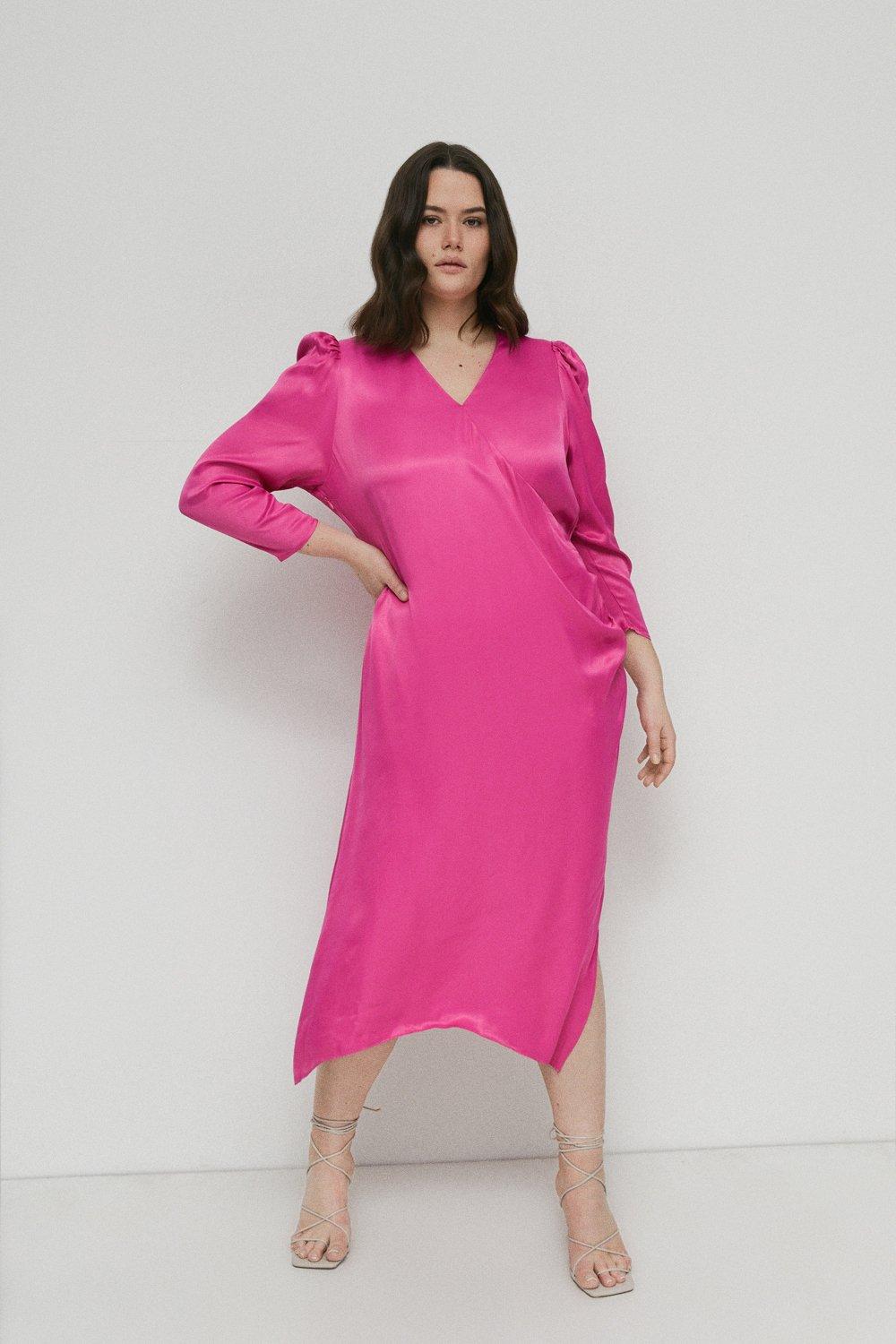 Plus Size Satin Long Sleeve Wrap Midi Slip Dress