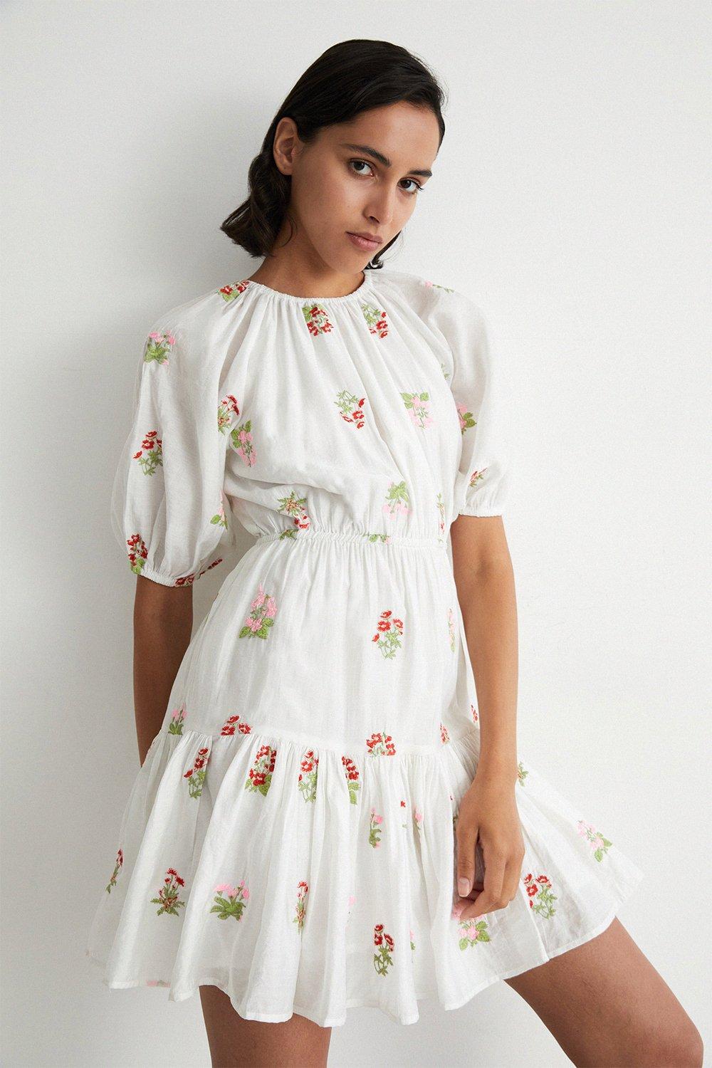 Embroidery Puff Sleeve Mini Dress