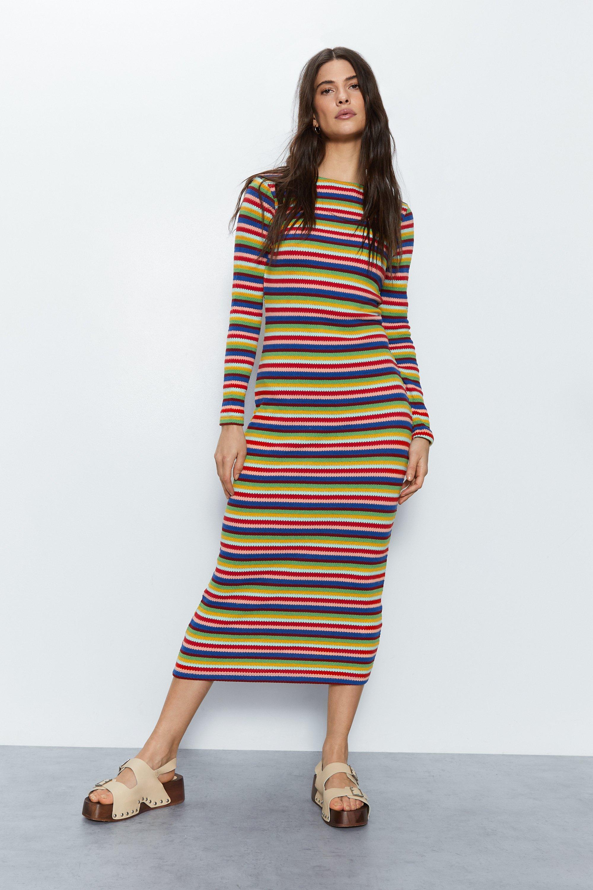 Long Sleeve Textured Rainbow Stripe Dress