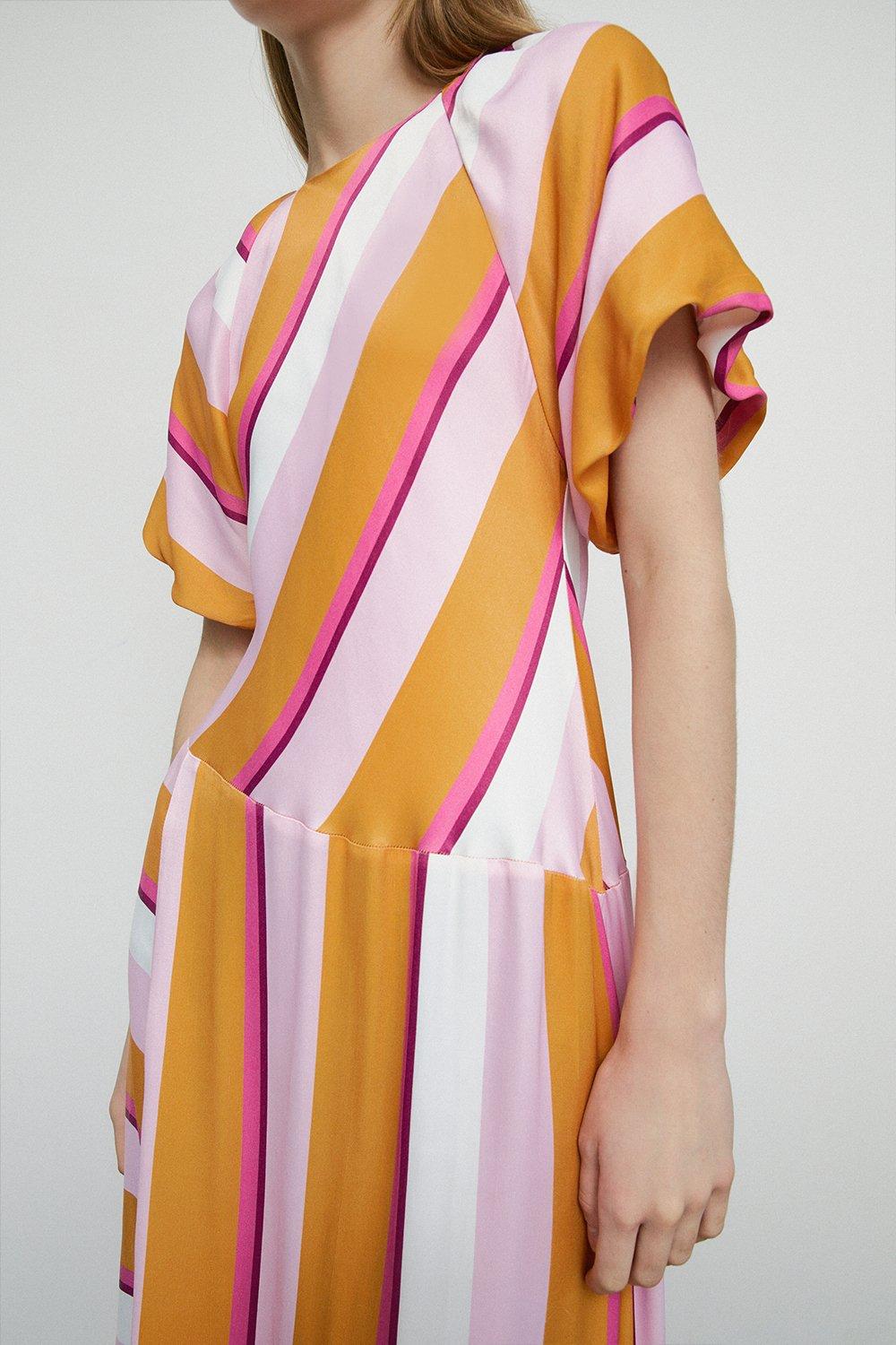 Petite Satin Puff Sleeve Stripe Midi Dress