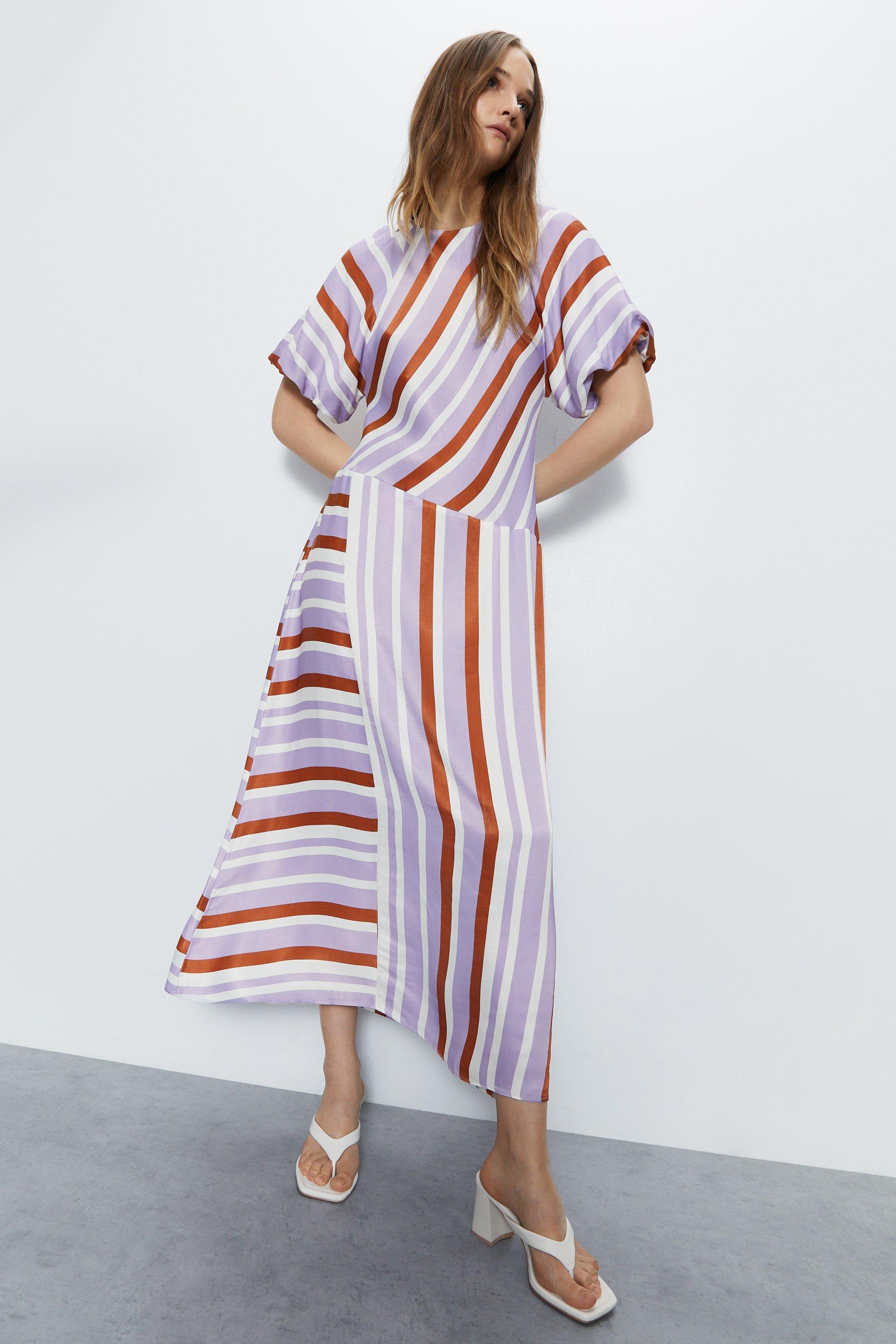 Satin Puff Sleeve Stripe Midi Dress