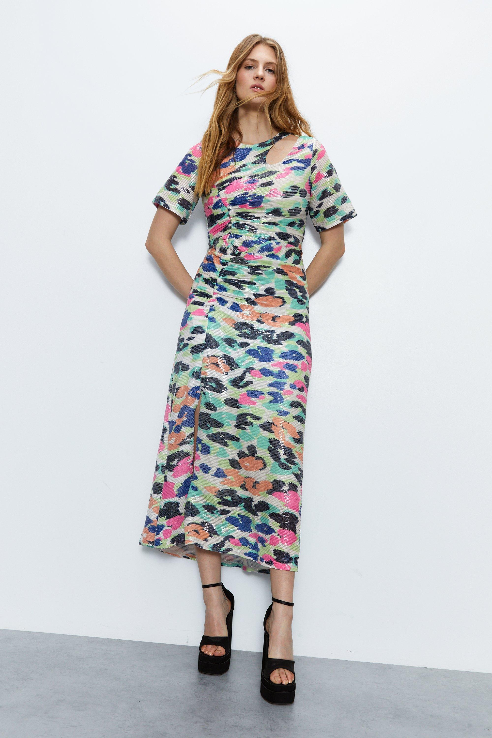 Printed Sequin Ruched Side Midi Dress
