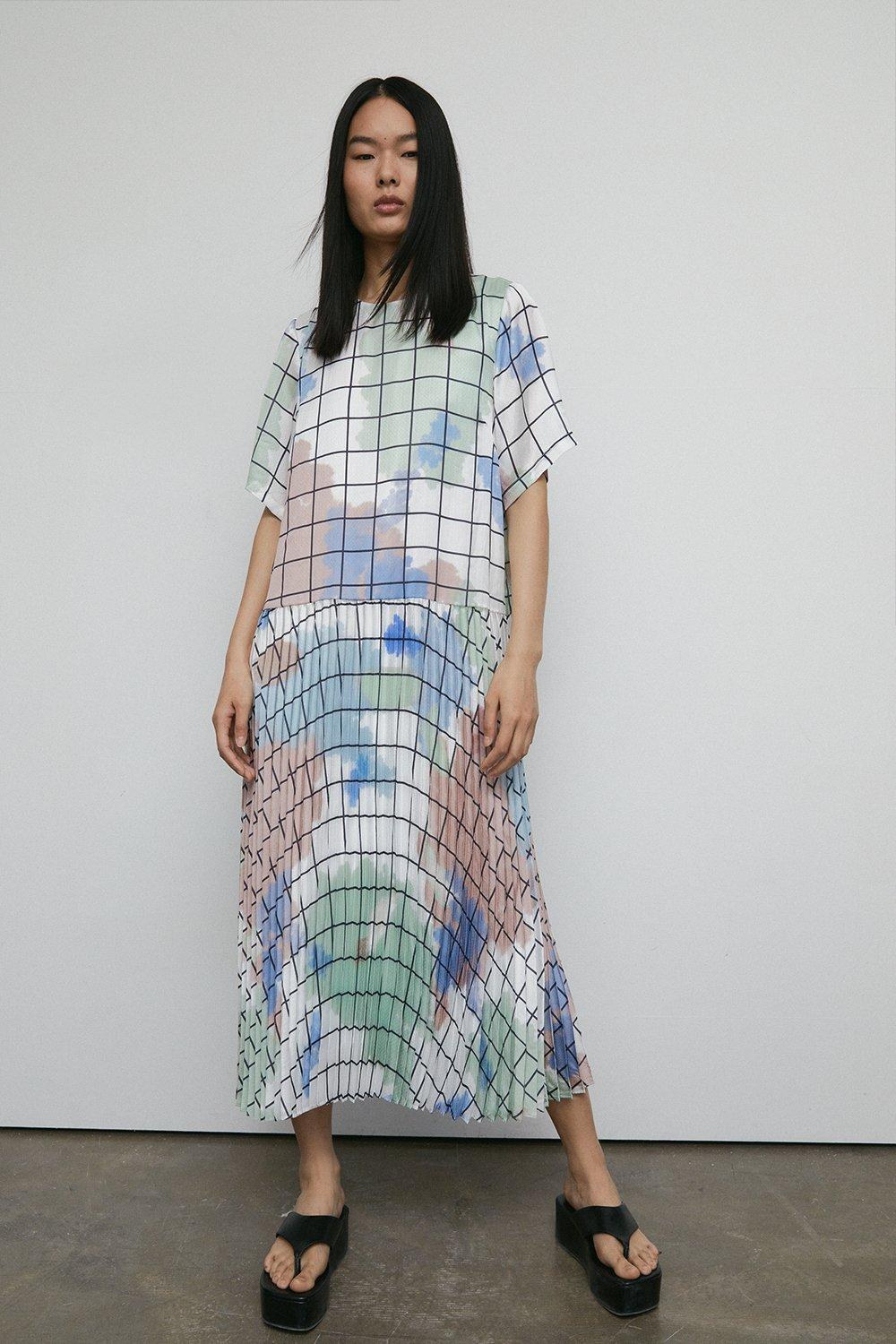 Satin Pleated Midi Dress In Print
