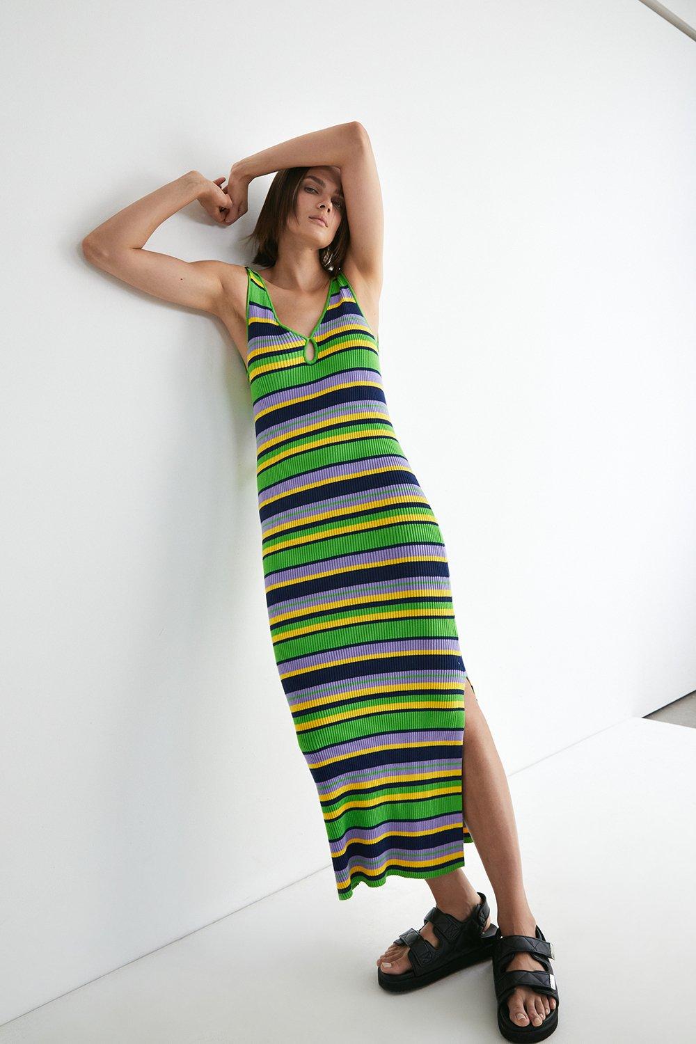 Multi Stripe Ribbed Knit Midi Dress