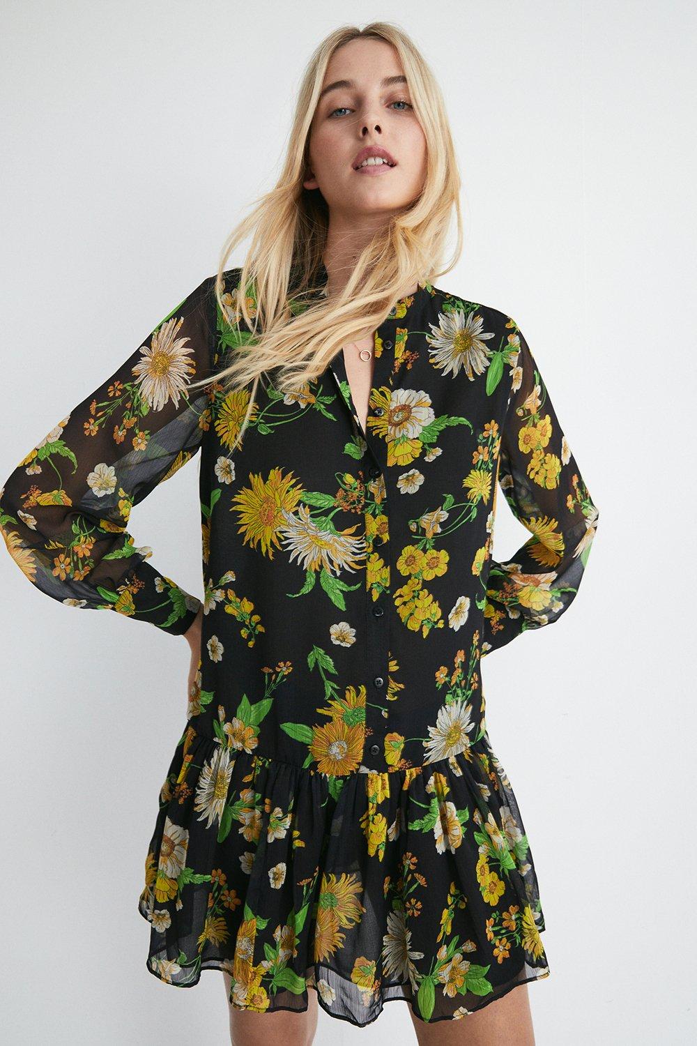 Recycled Polyester Floral Mini Shirt Dress