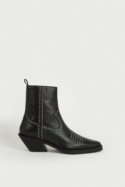 Real Leather Studded Western Ankle Boot