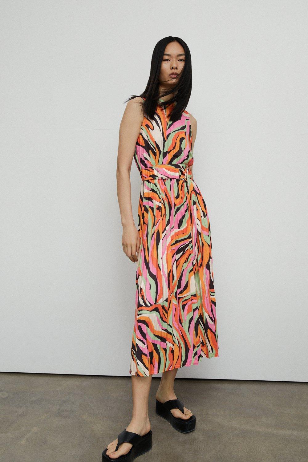 Abstract Animal Print Pleated Midi Dress