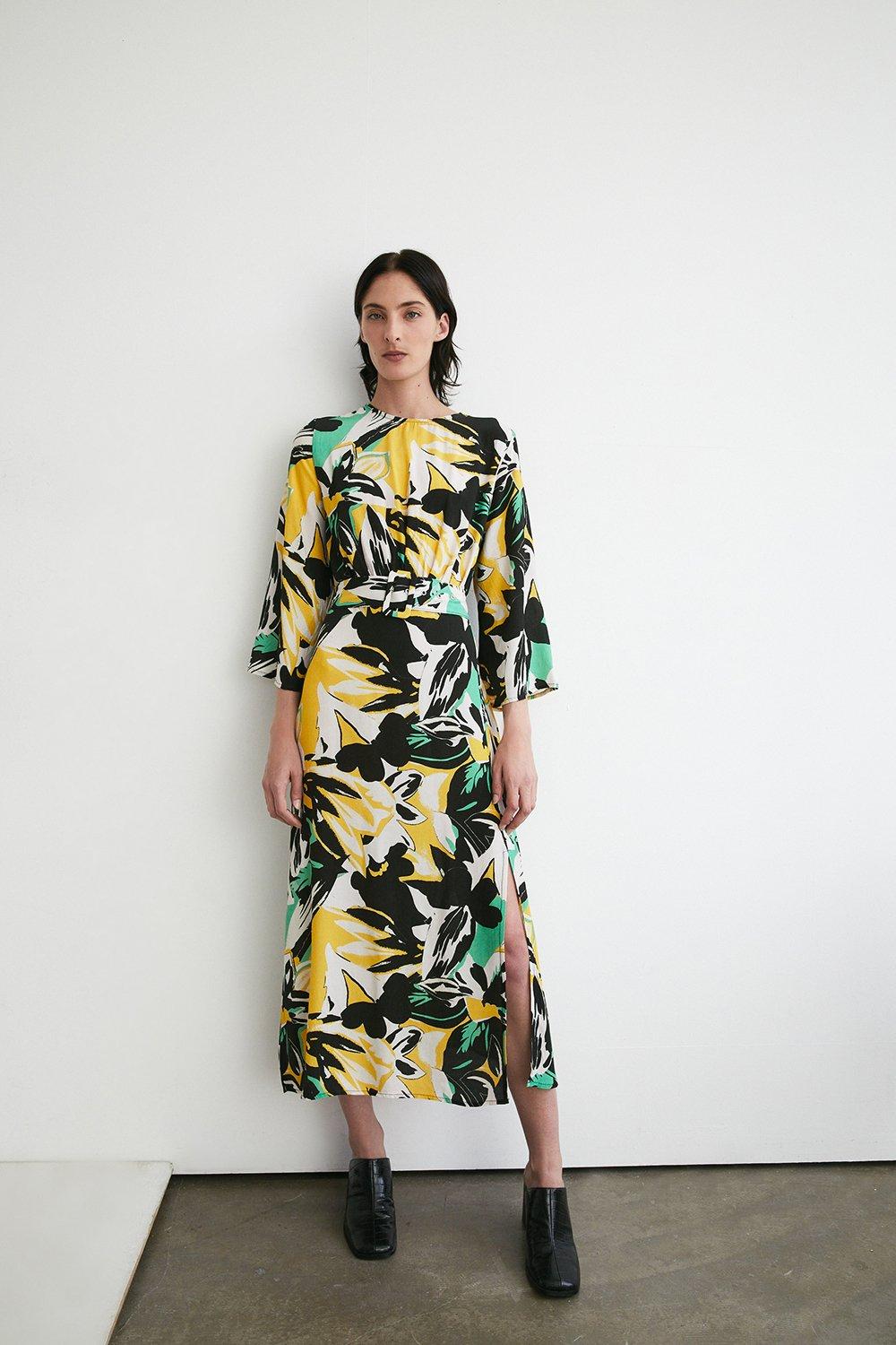 Abstract Floral Belted Midi Dress