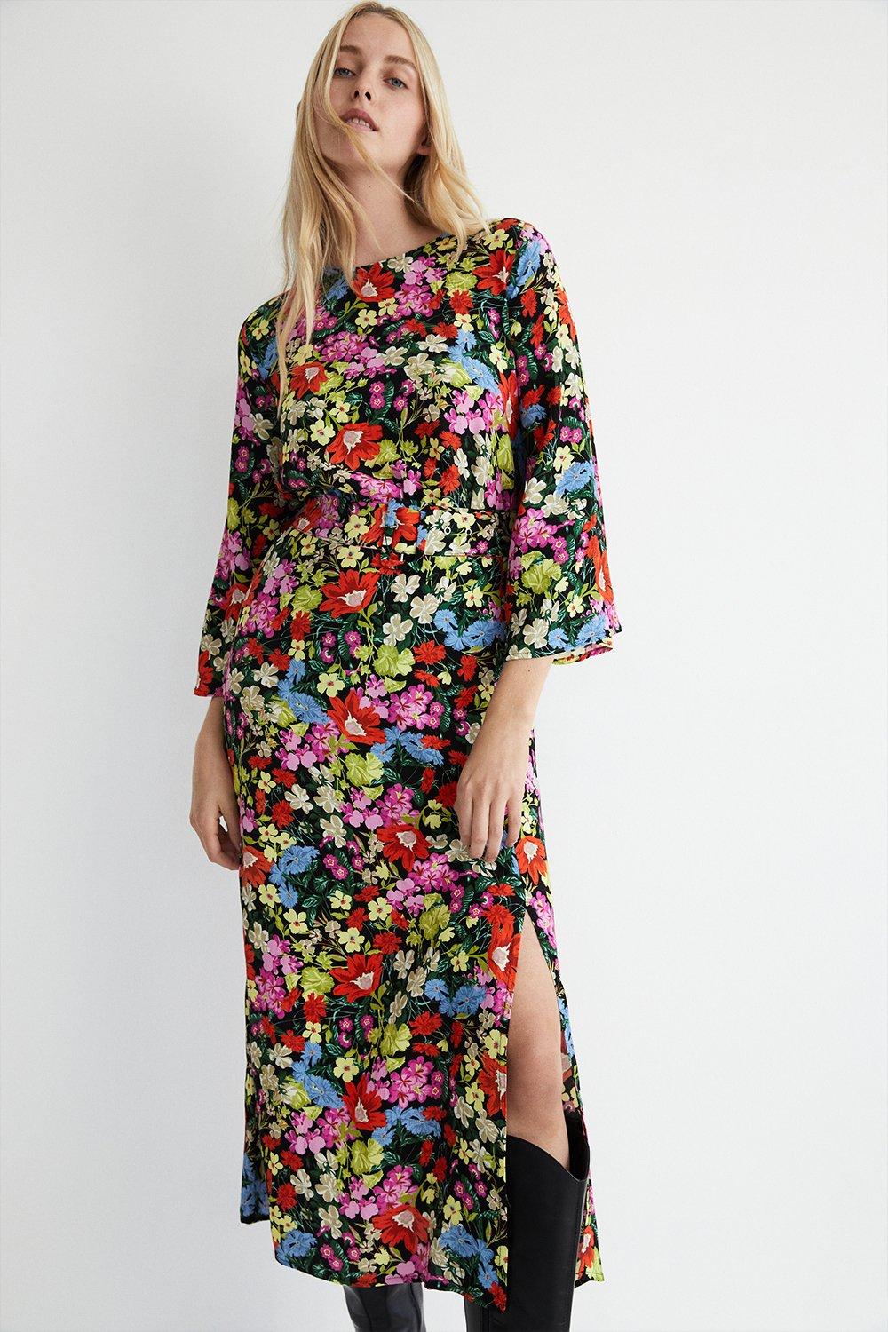 Bright Floral Belted Midi Dress