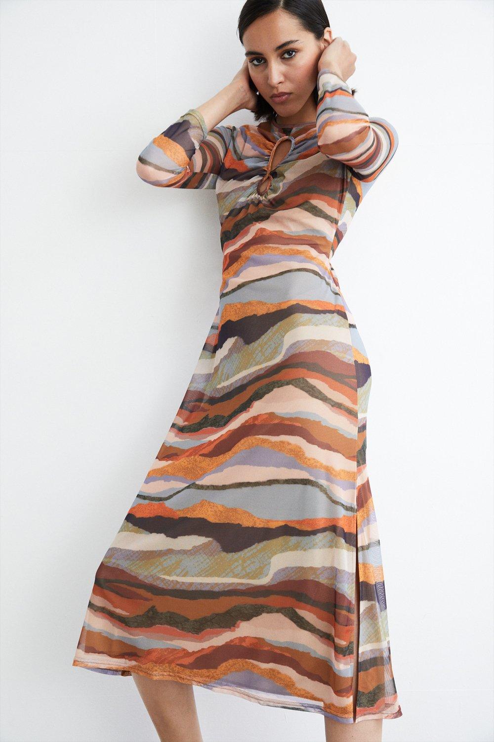 Abstract Print Keyhole Mesh Midi Dress