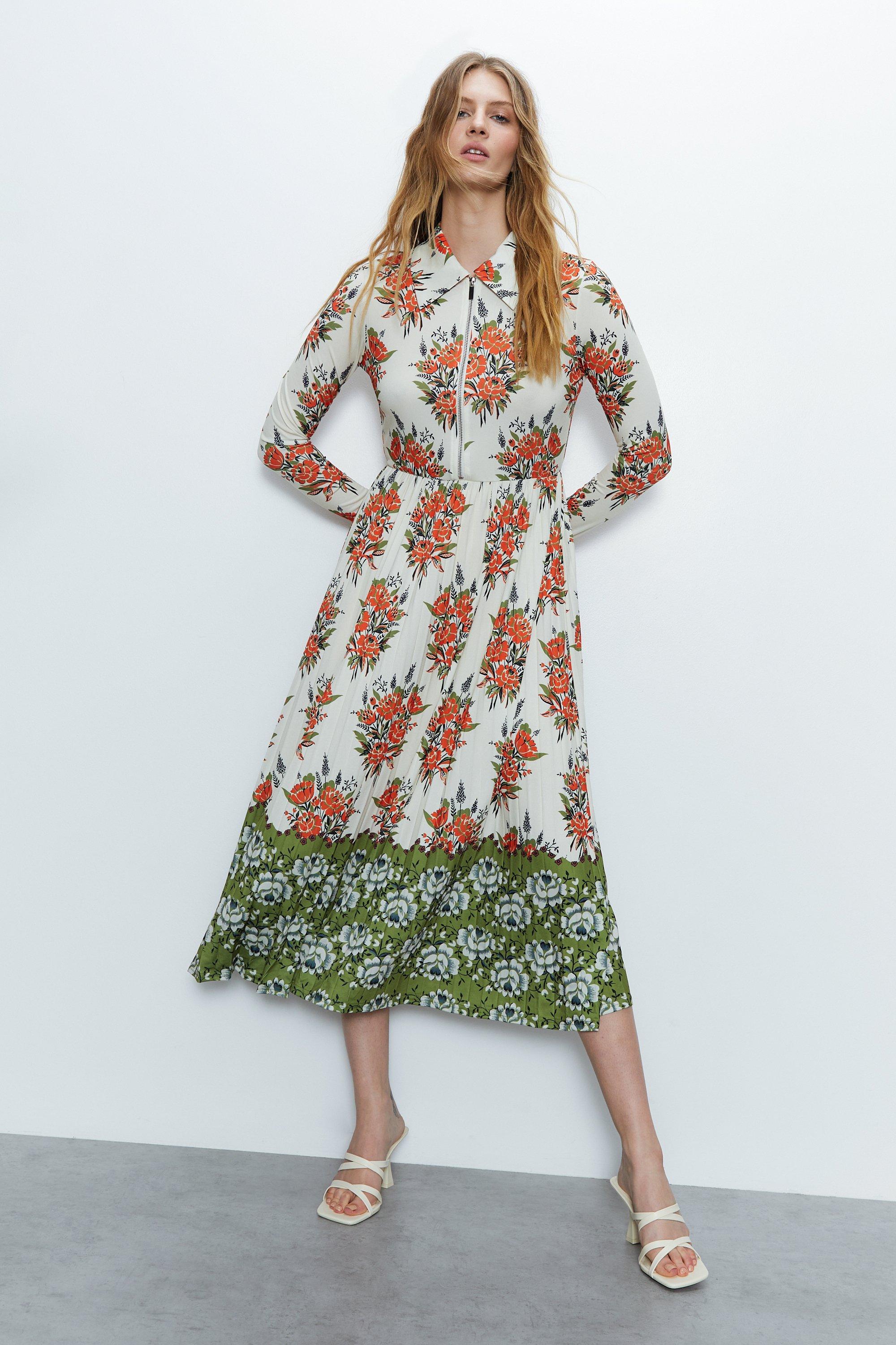 Pleated Floral Border Print Zip Collar Midi Dress
