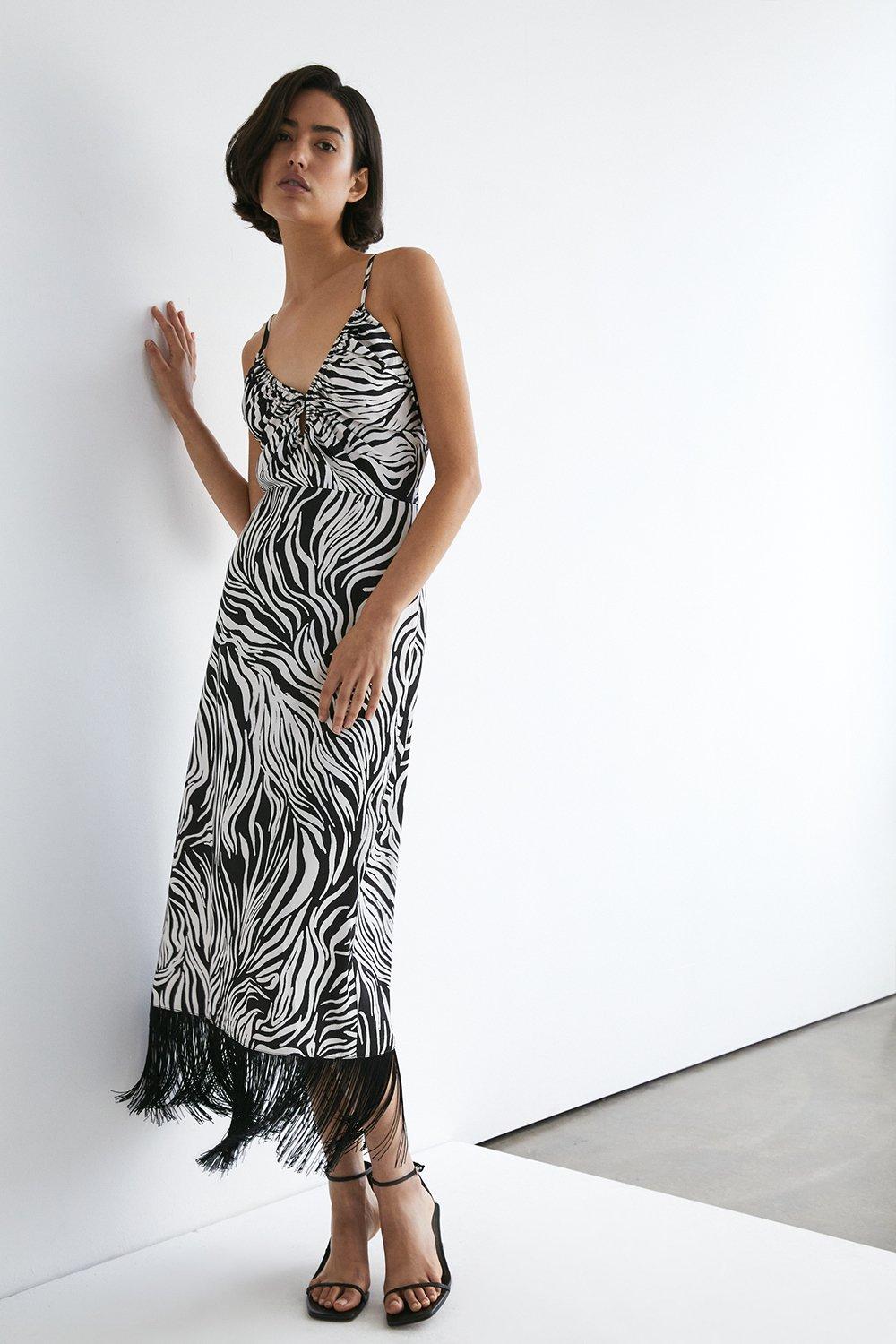 Zebra Print Strappy Fringing Midi Dress