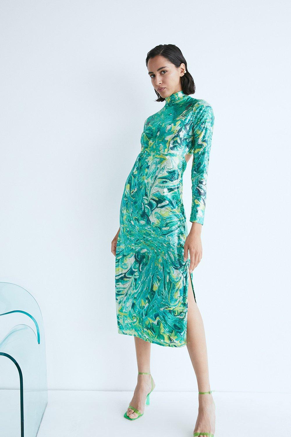 WH x Kimberley Burrows Printed Sequin Funnel Midi Dress