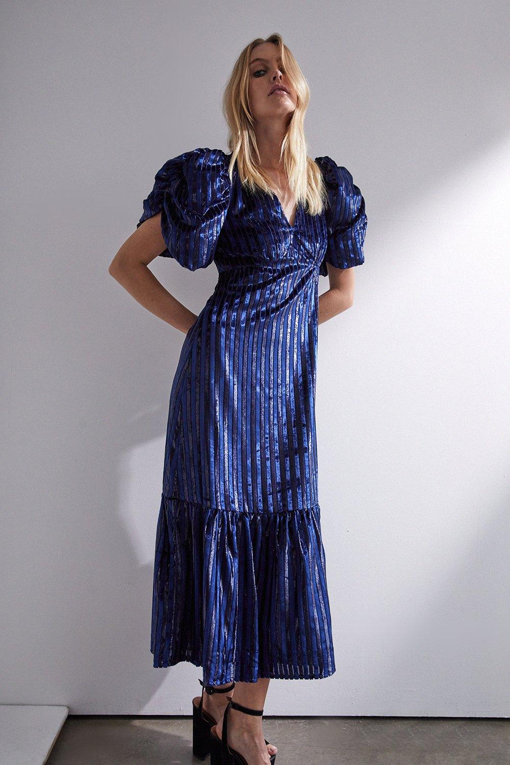 Stripe Velvet V Neck Tiered Midi Dress
