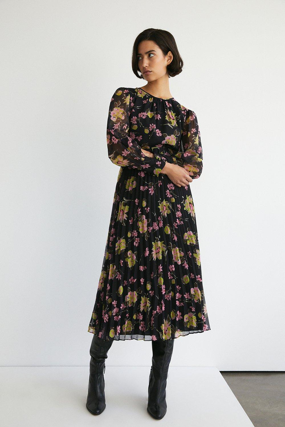 Recycled Floral Pleated Chiffon Belted Midi Dress