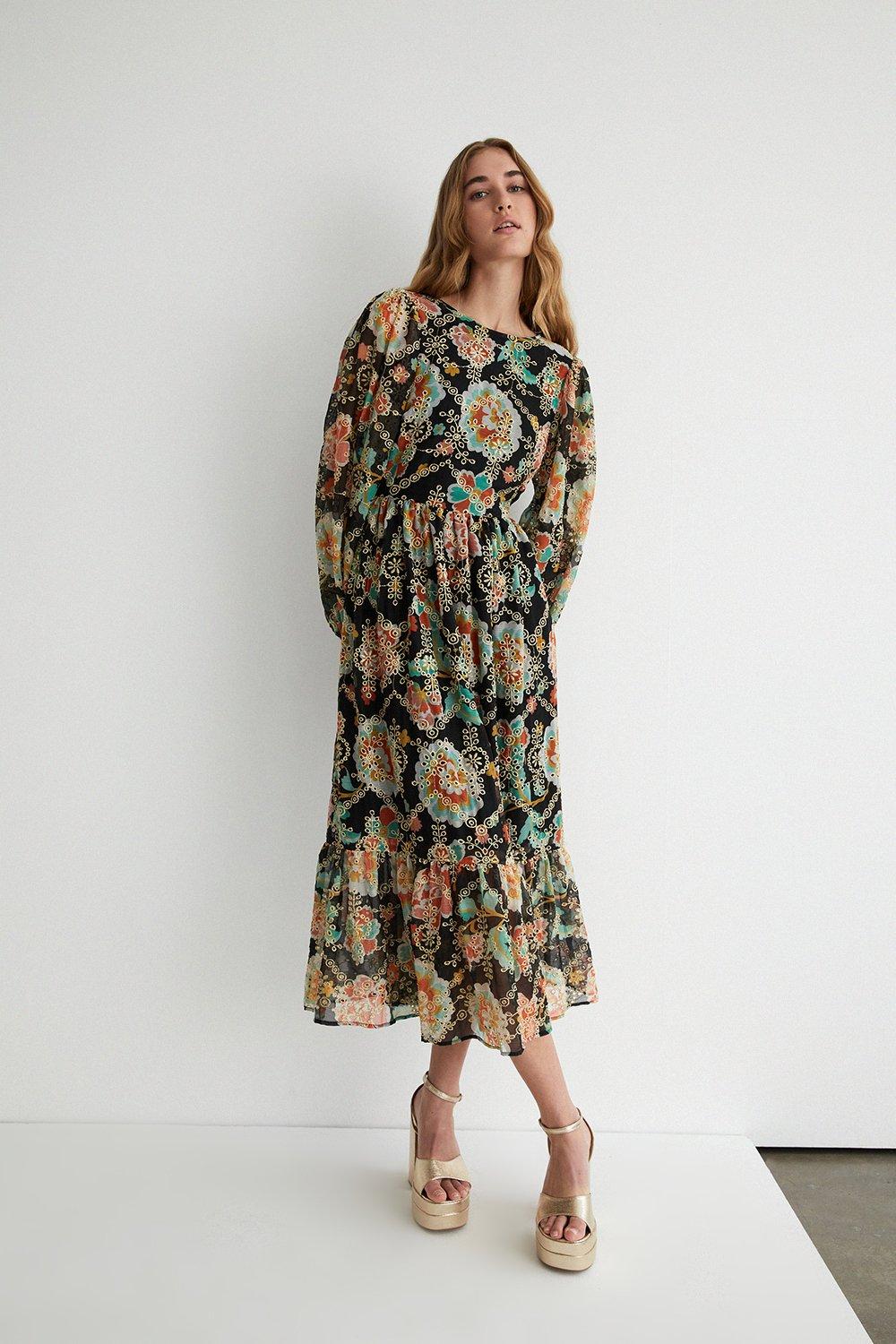 Sparkle Floral Embroidered Midi Dress