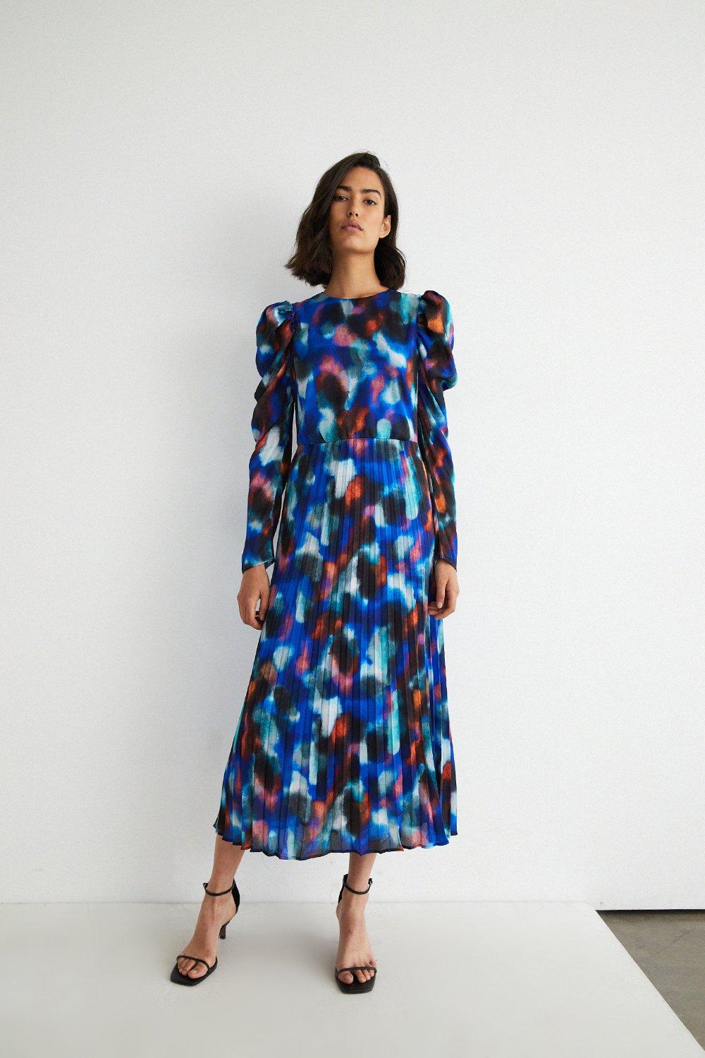 Abstract Pleated Puff Sleeve Maxi Dress