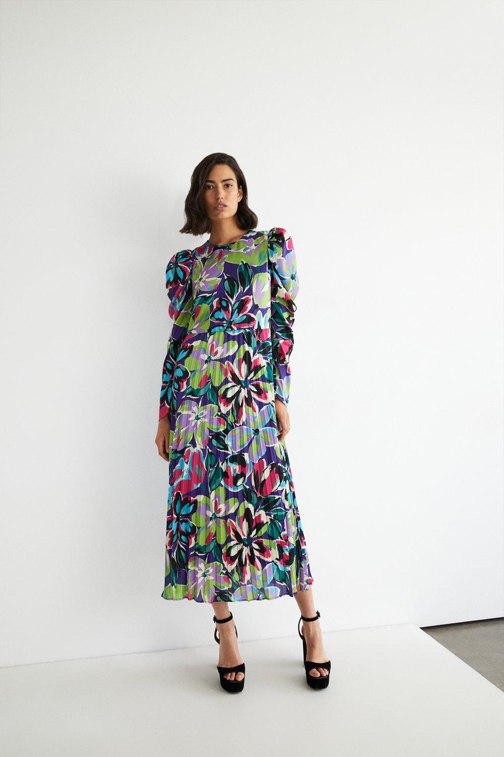 Floral Pleated Puff Sleeve Maxi Dress