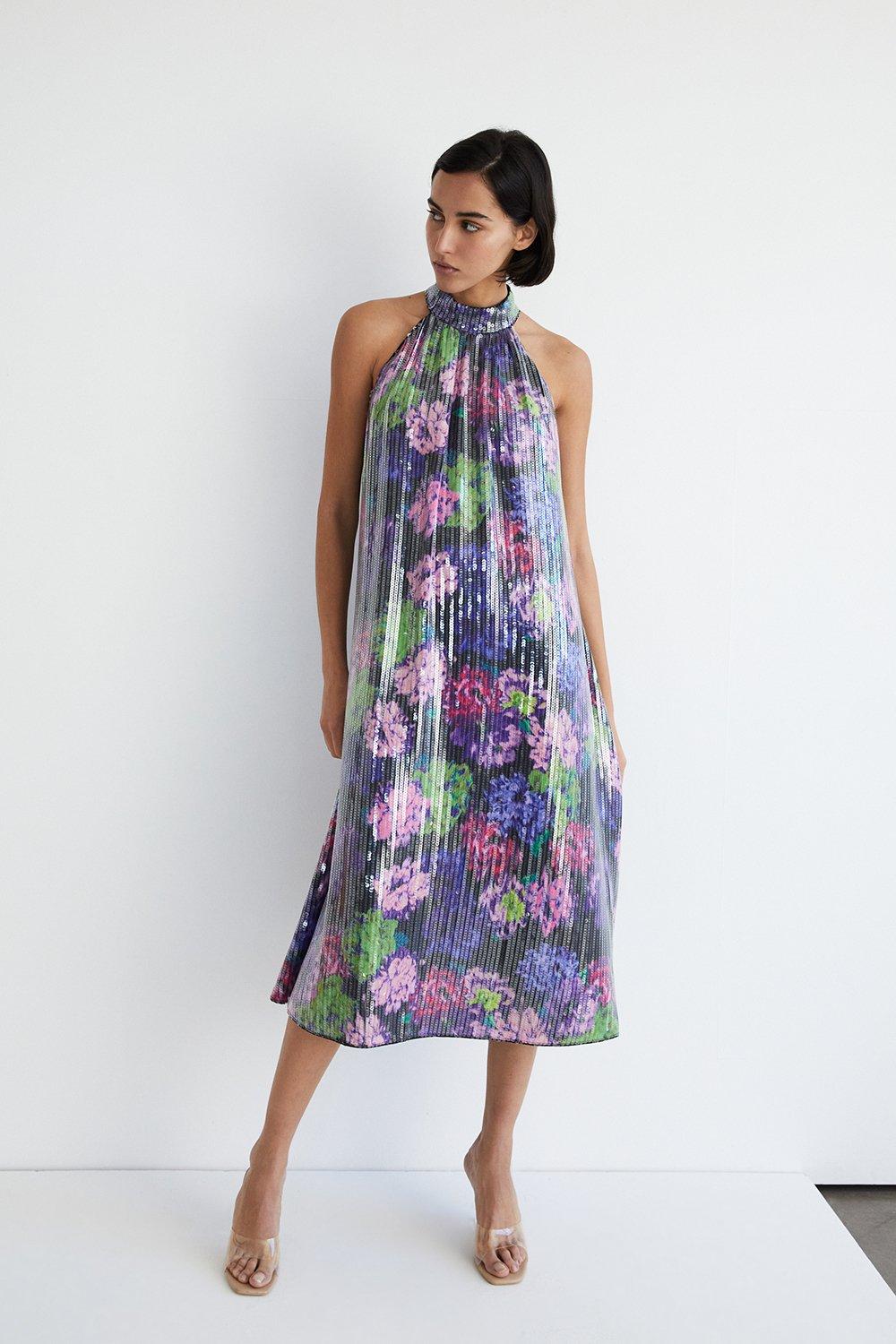Printed Sequin Halterneck Midi Dress