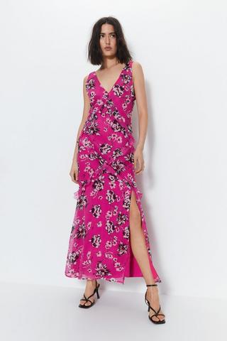 Product Premium Ruffle Detail Floral Maxi Dress pink