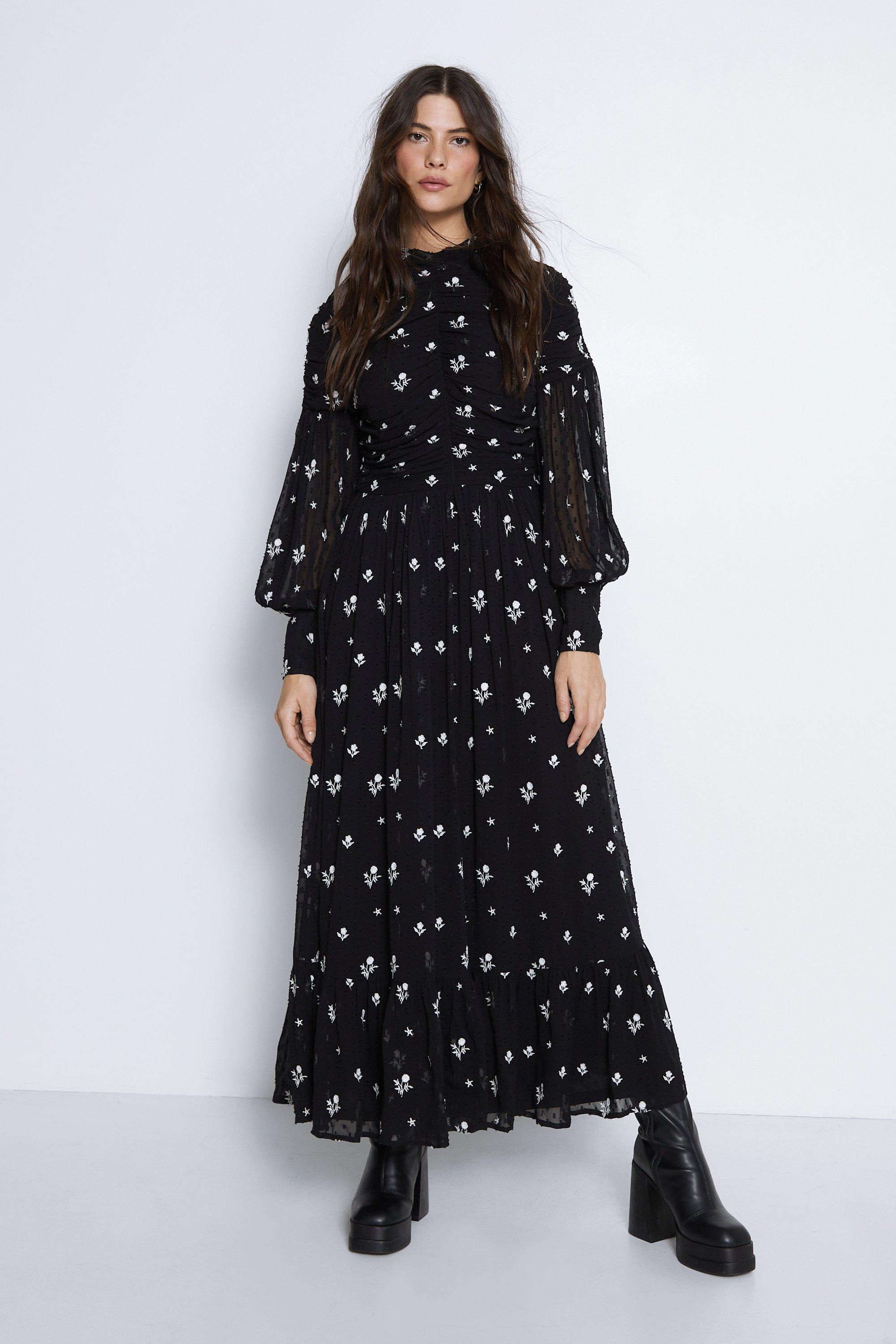 Petite Embroidered Dobby Ruched Maxi Dress