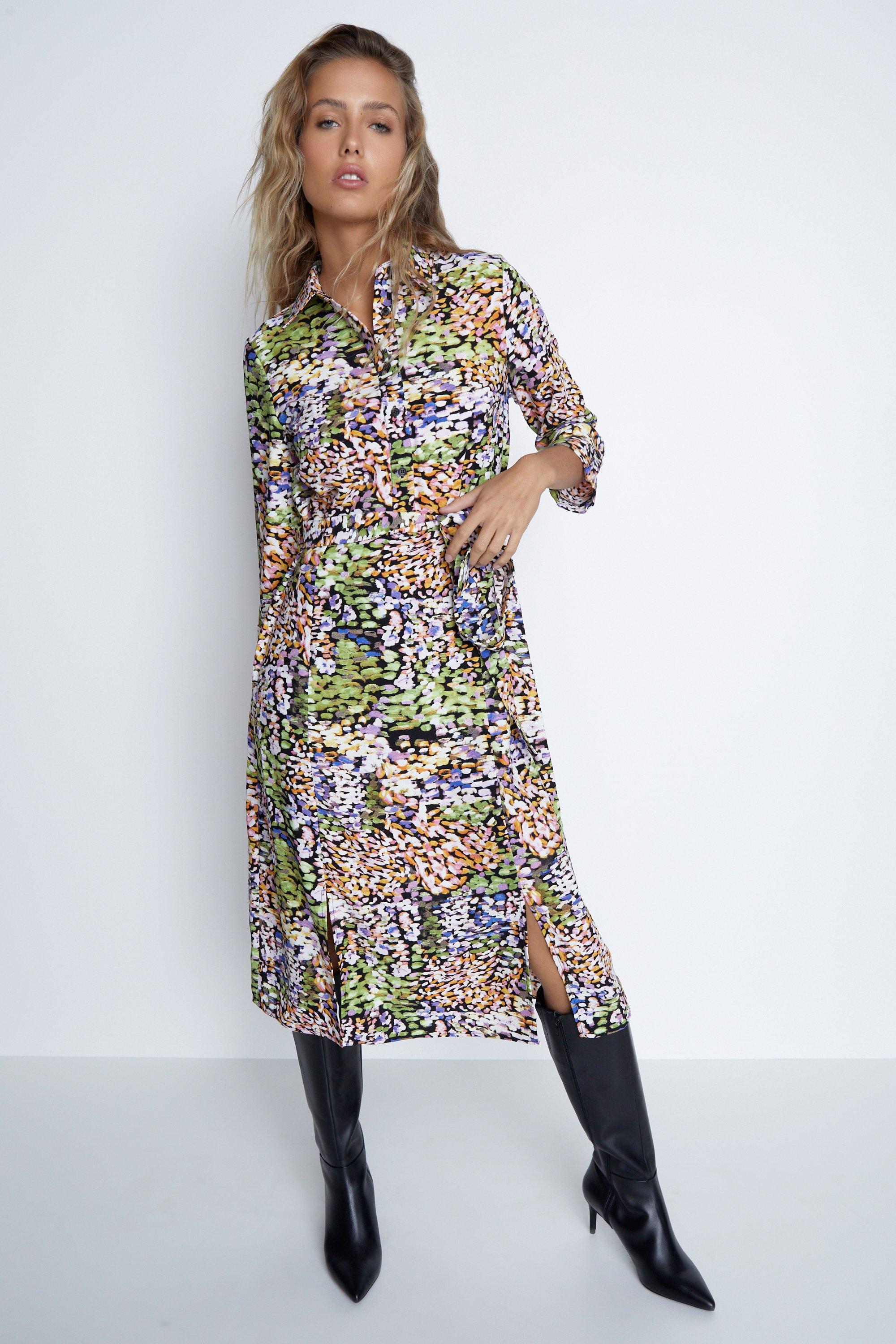 Abstract Smudge Roll Sleeve Shirt Dress