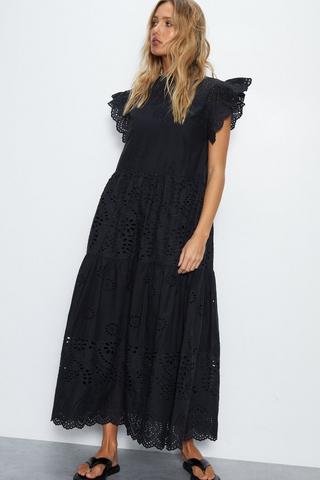 Product Broderie Mix Tiered Midi Dress black