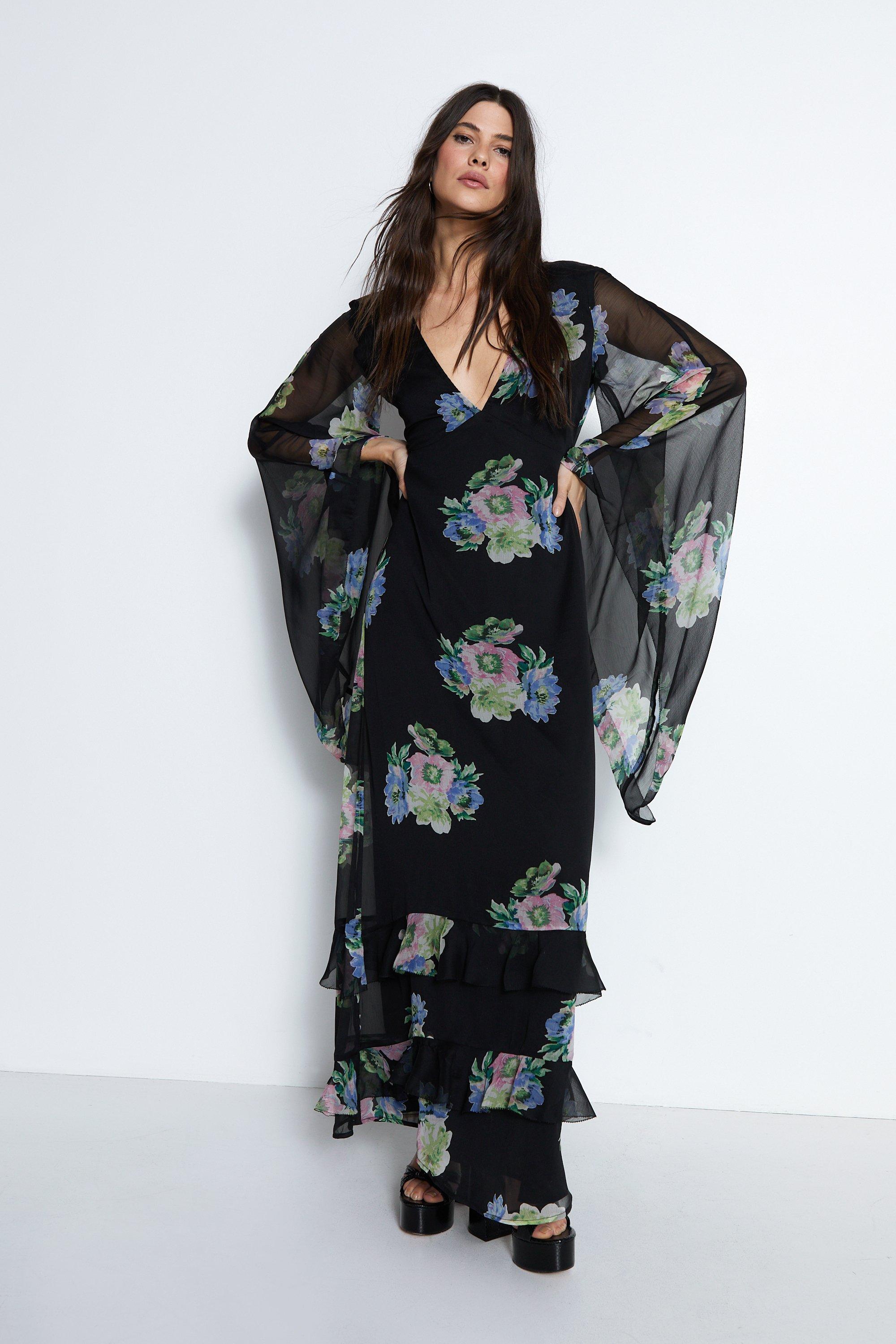 Waterfall Sleeve Plunge Floral Maxi Dress