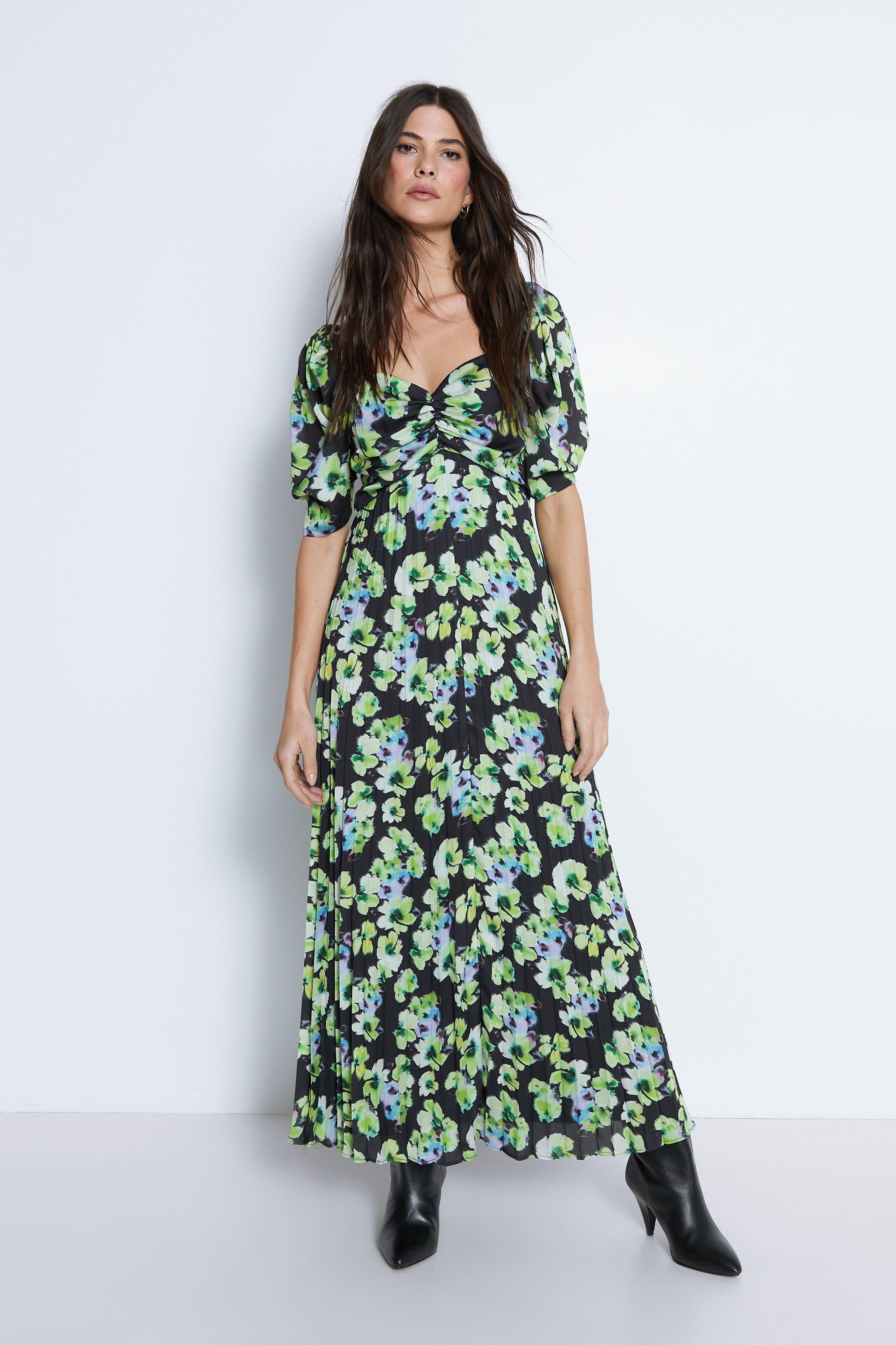 Floral Printed Ruched Sleeve Pleated Midi Dress