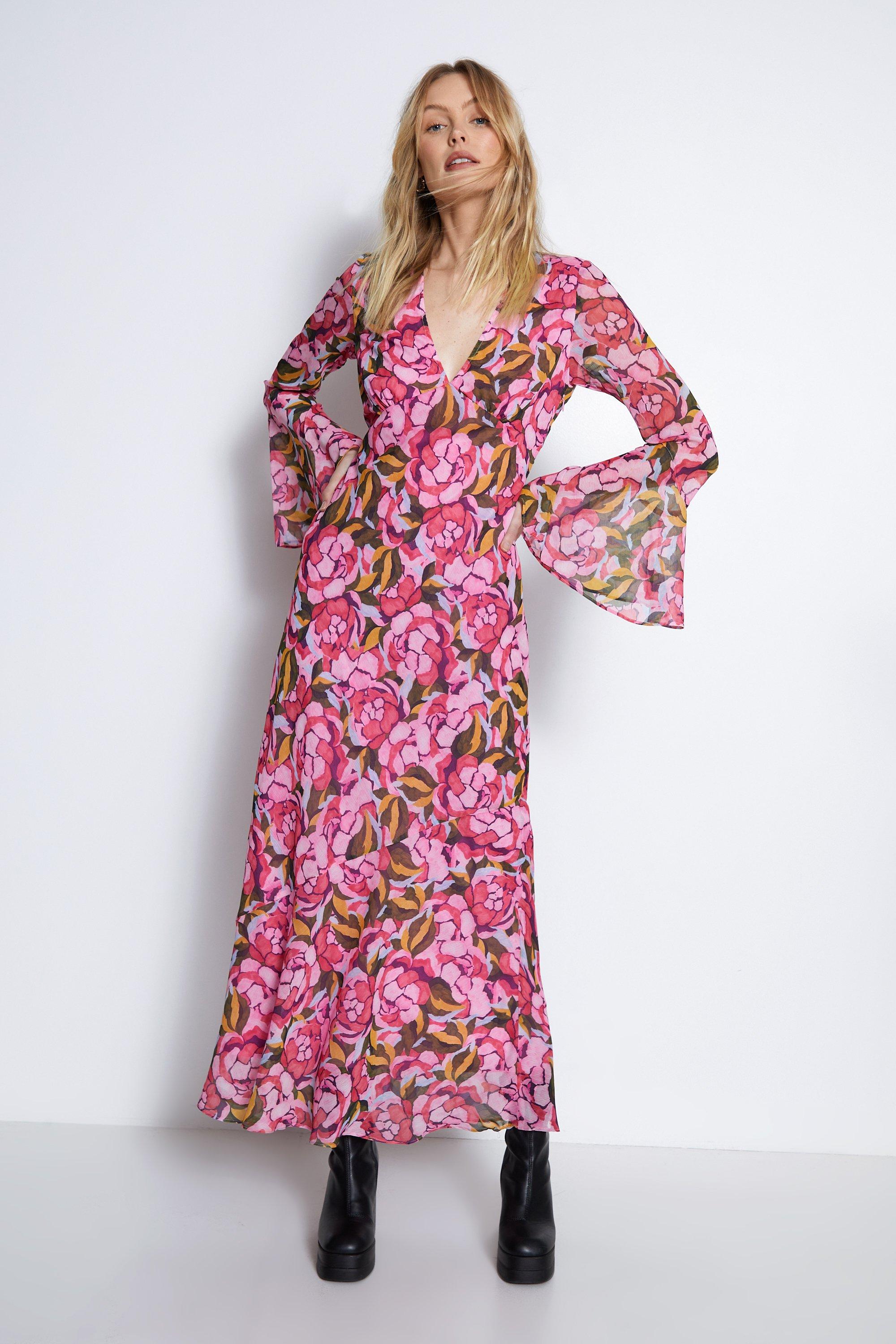 Floral Printed V Neck Fluted Sleeve Maxi Dress