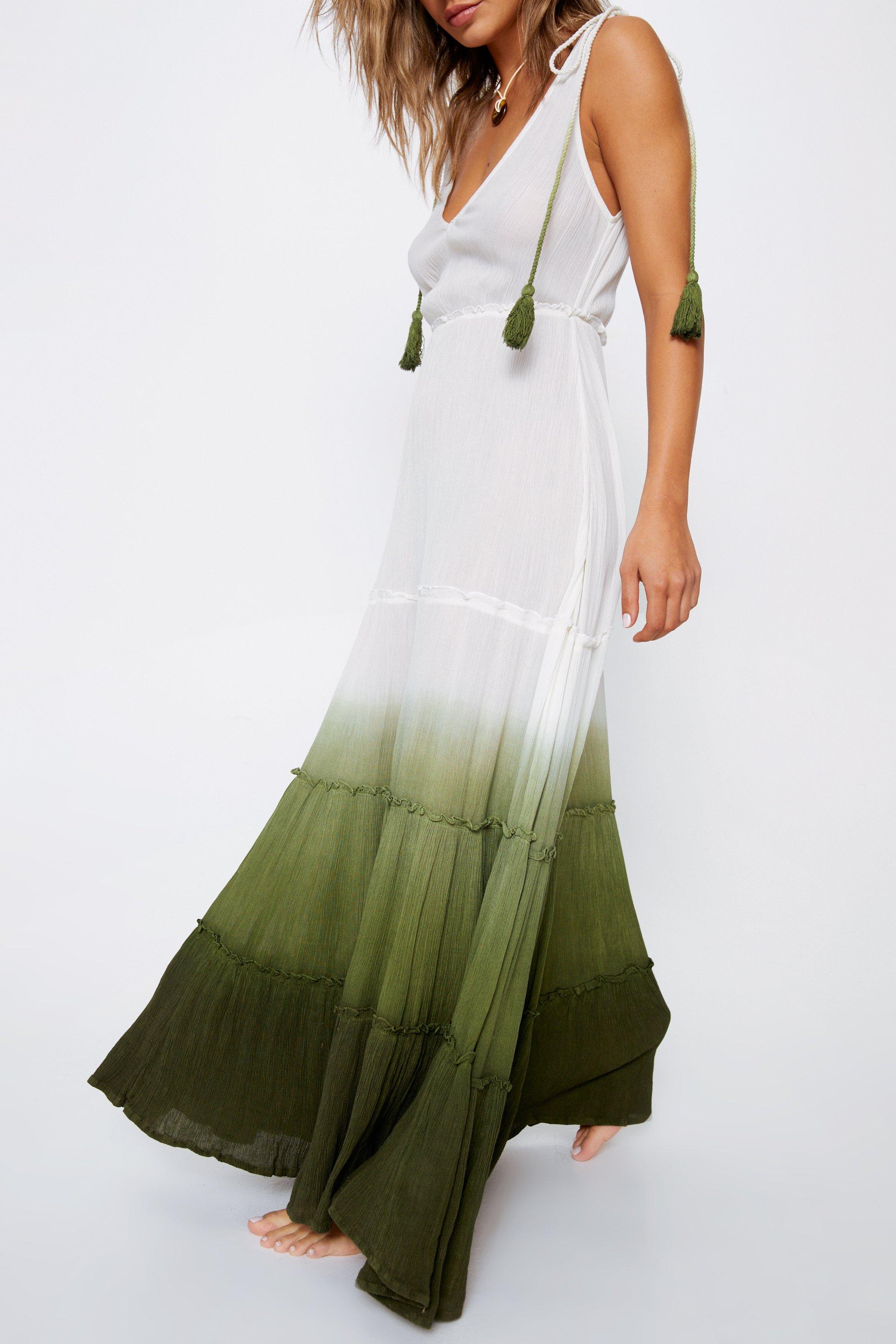 Crinkle Viscose Ombre Tiered Tie Maxi Dress