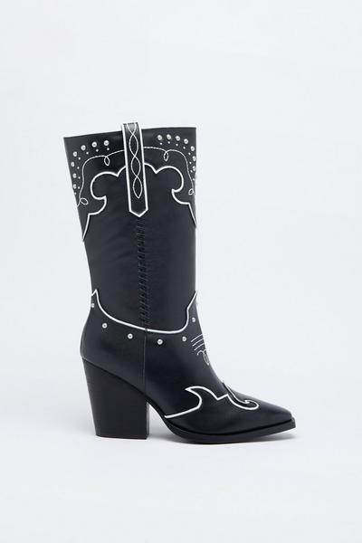Leather Studded Contrast Stitch Cowboy Boot