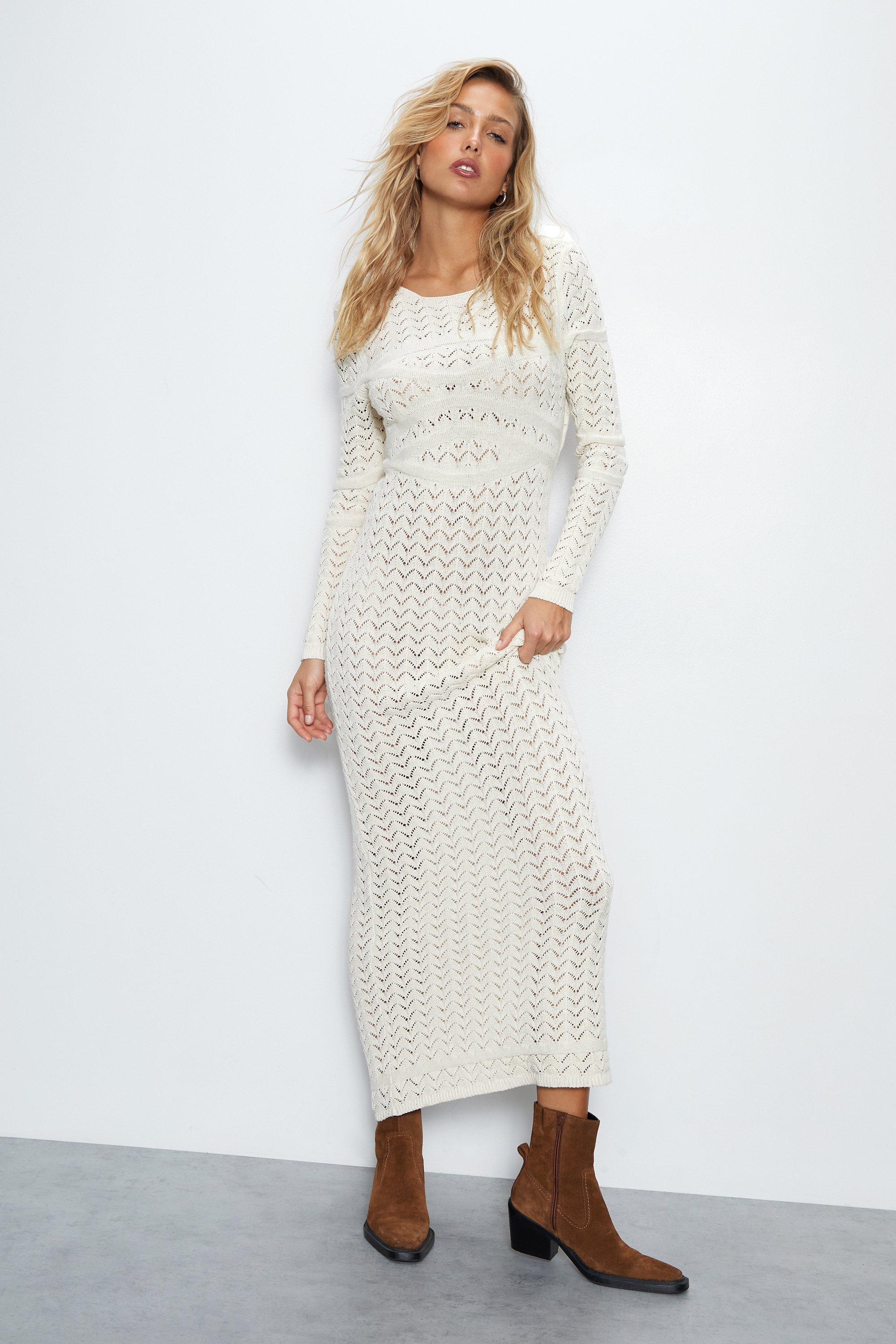 Long Sleeve Open Back Crochet Maxi Dress