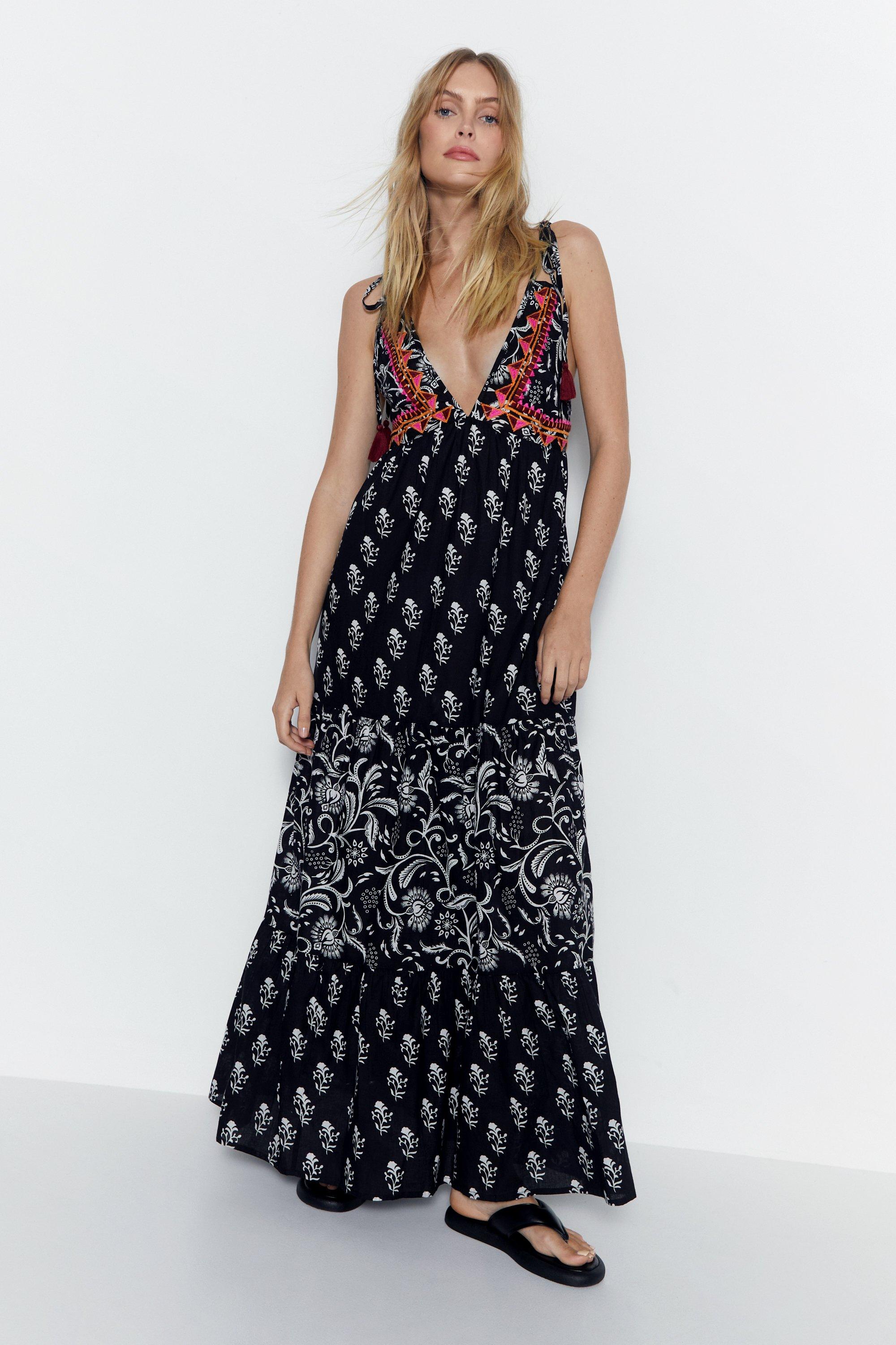 Paisley Mixed Print Embroidered Tassel Tie Maxi Dress