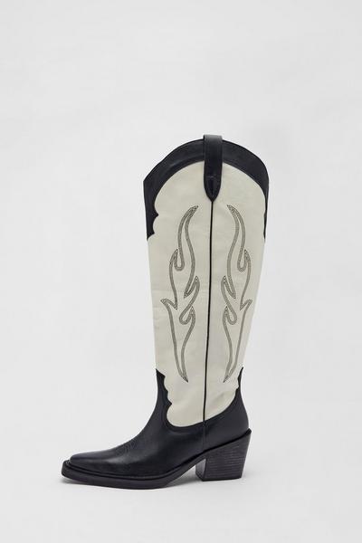 Leather Contrast Stitch Knee High Western Boot