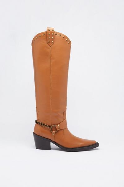 Leather Stud Harness Knee High Cowboy Boot