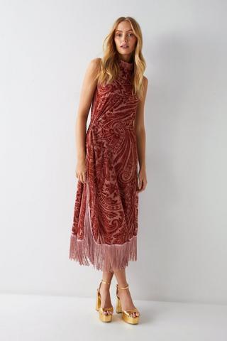 Product Paisley Devore Fringe Halterneck Dress red