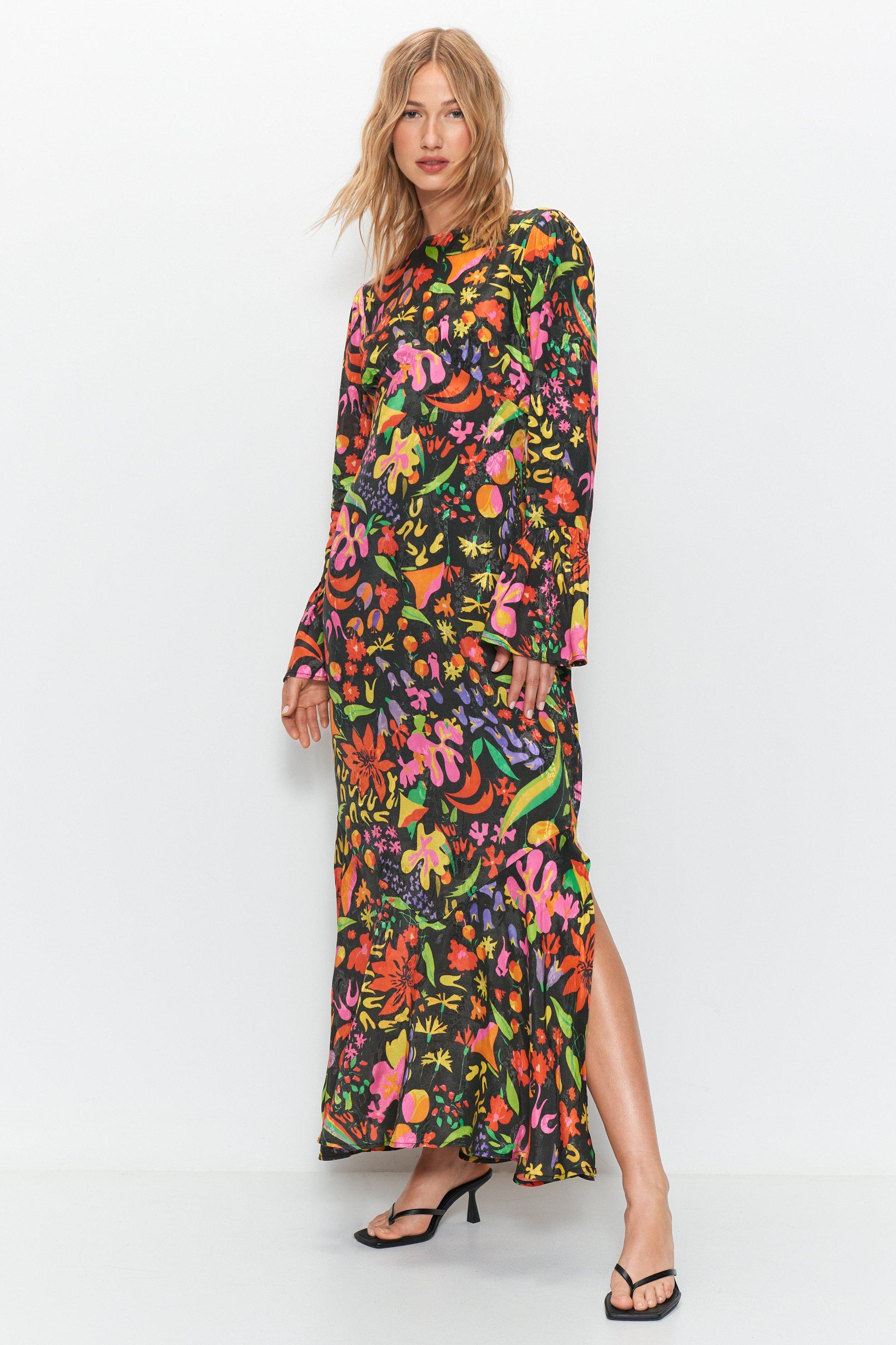Mixed Floral Jacquard Flute Sleeve Jacquard Midi Dress
