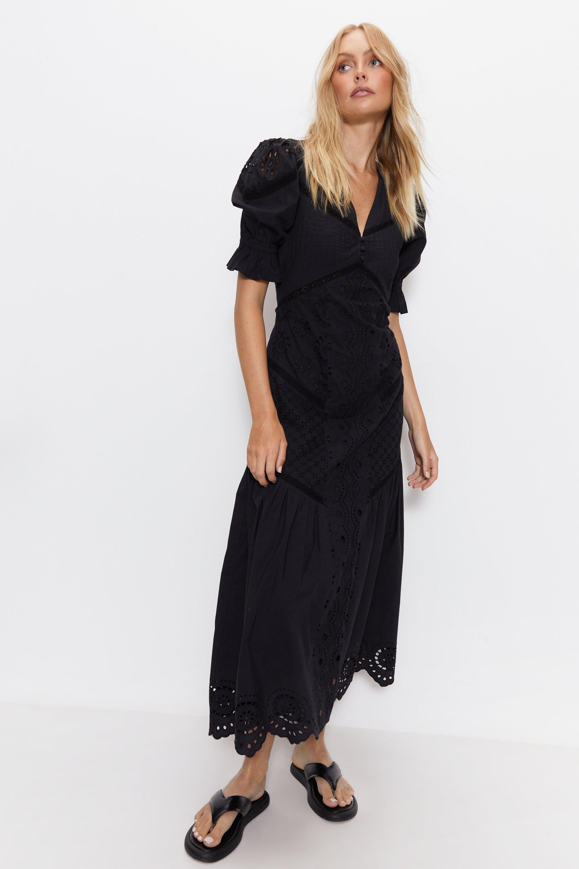 Mixed Broderie Button Front Puff Sleeve Maxi Dress