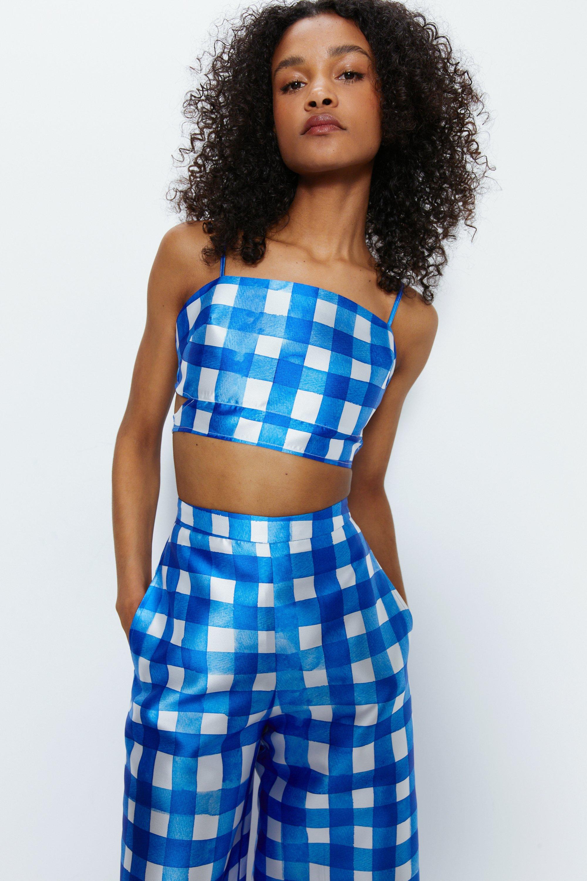 Gingham Satin Twill Tailored Top