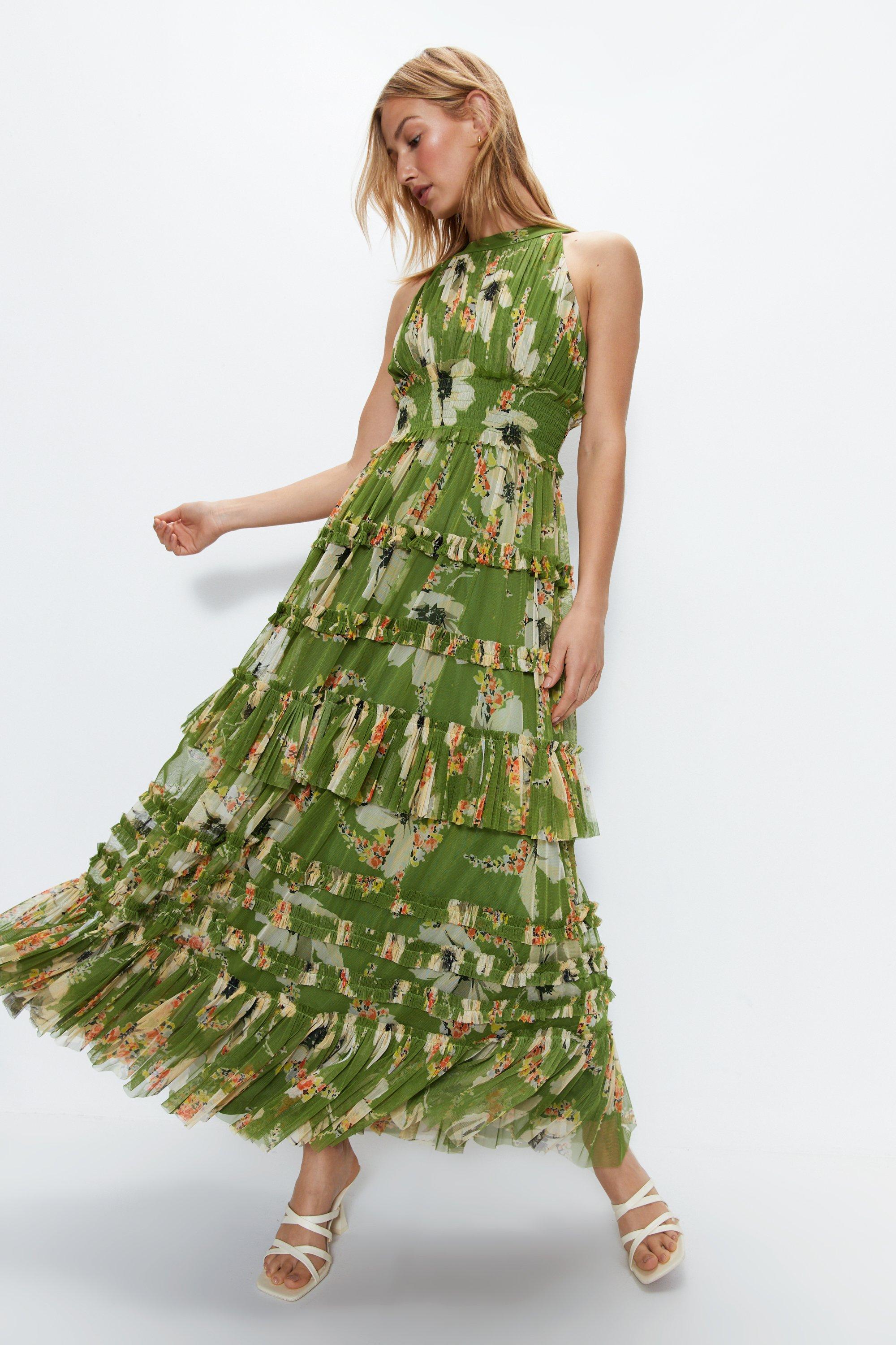 Floral Printed Tulle Keyhole Halter Maxi Dress