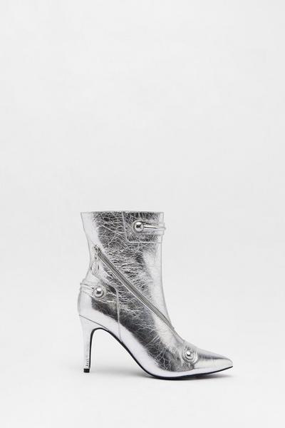 Leather Metallic Zip & Stud Pointed Toe Ankle Boots