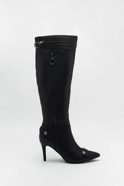 Leather Zip & Stud Pointed Toe Knee High Boots