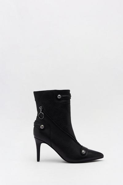 Leather Zip & Stud Pointed Toe Ankle Boots