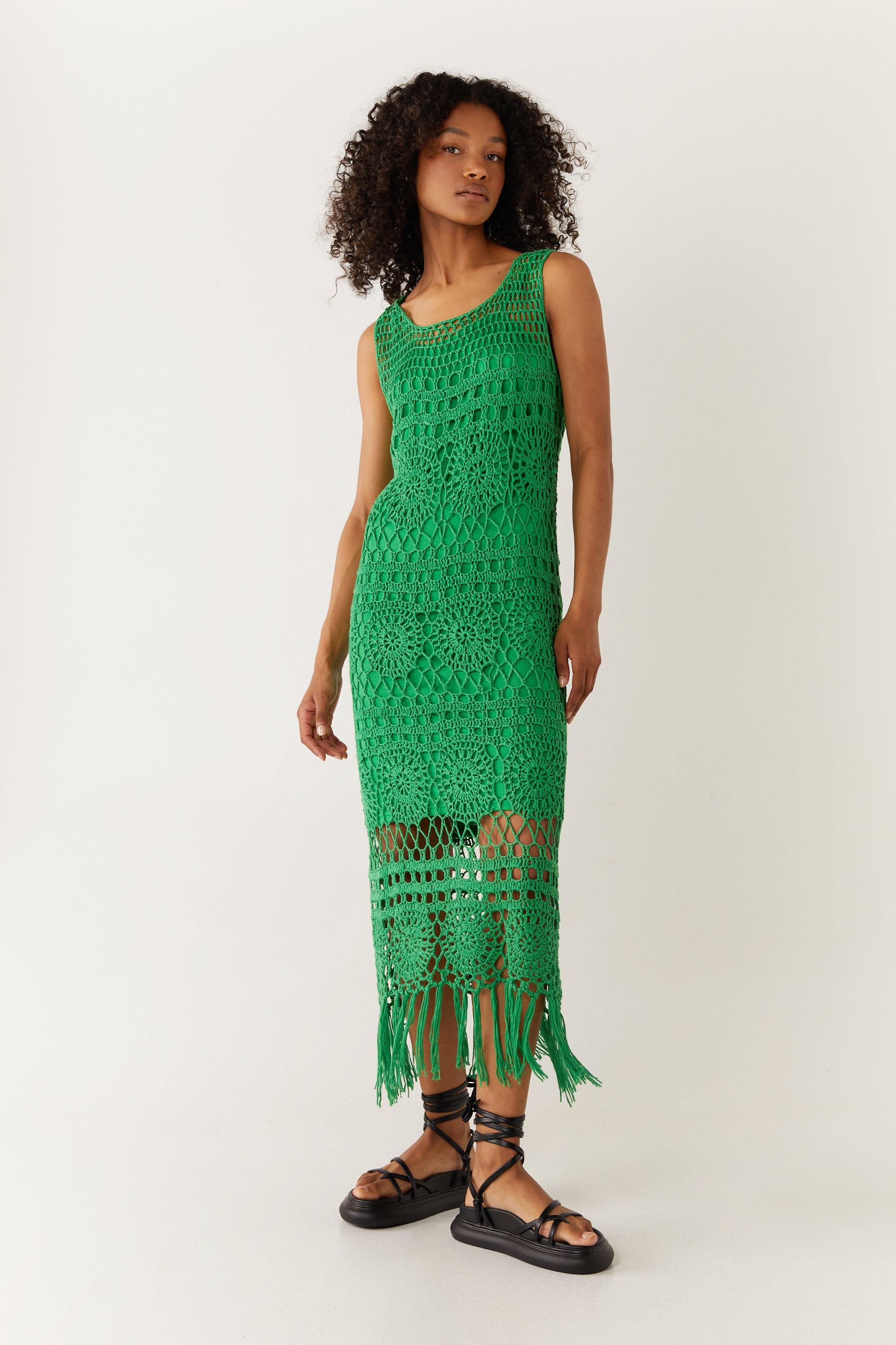 Tassel Hem Crochet Knit Midi Dress