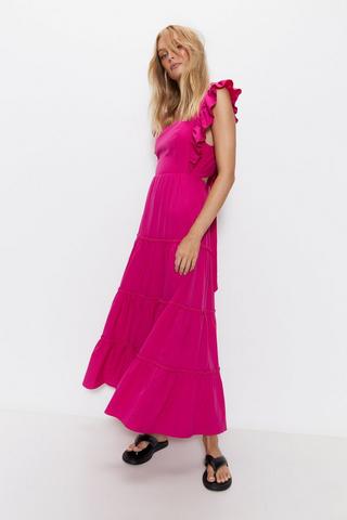 Product Ruffle Tie Back Tiered Midi Dress hot pink