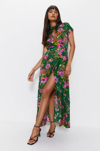 Product Floral Printed Viscose Jacquard Keyhole Midi Dress green