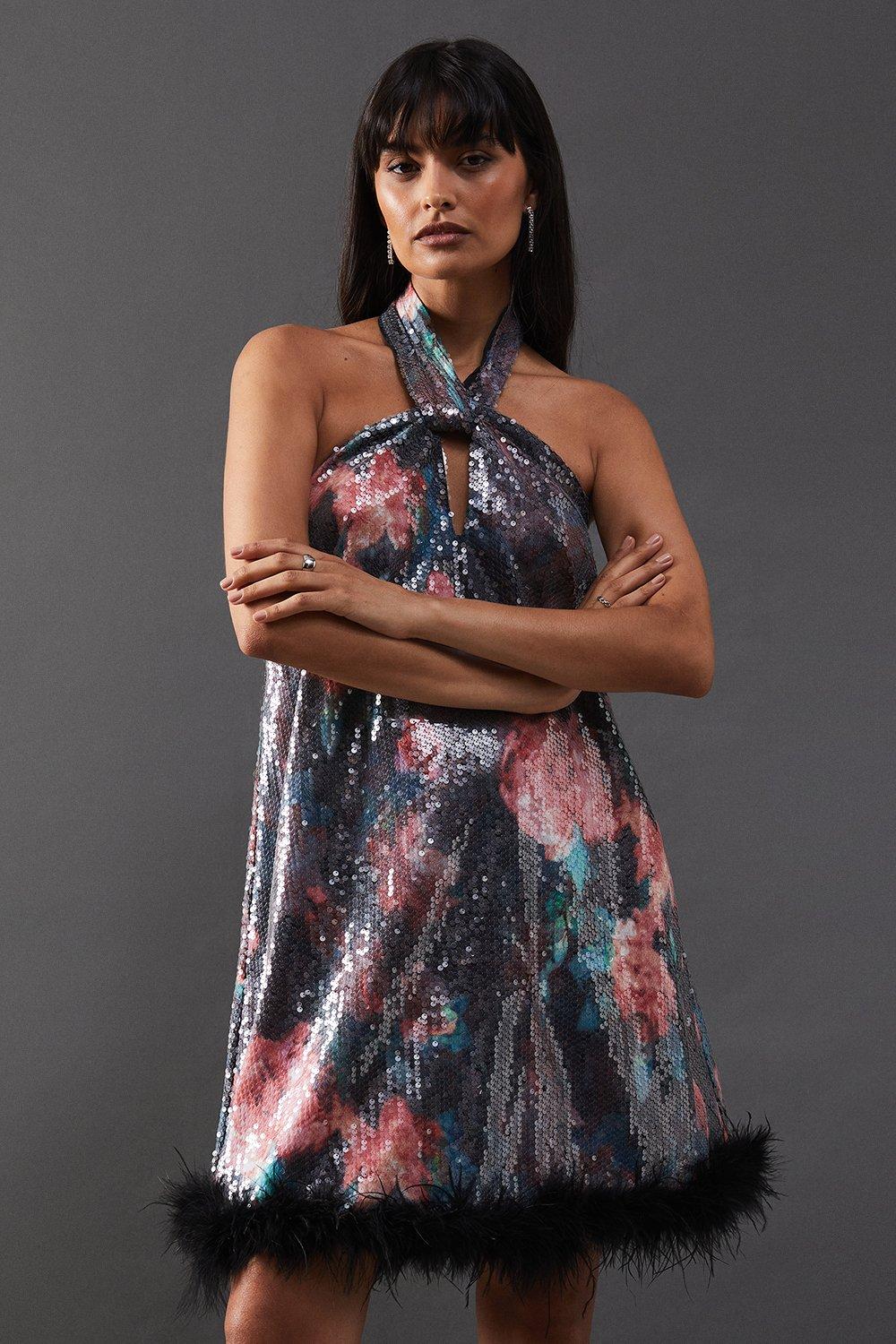 Print Sequin Halter Feather Hem Mini Dress - Discount £29